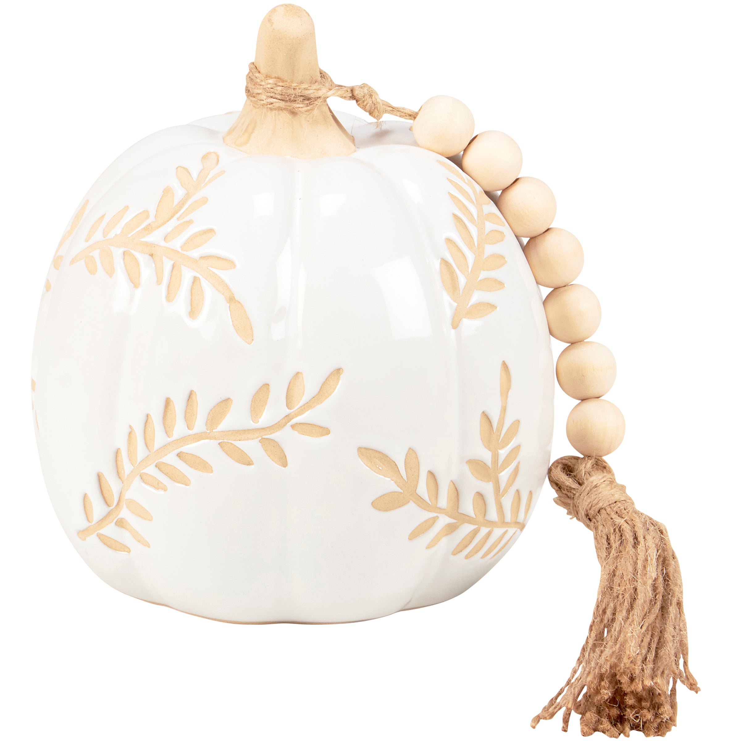 Small White Leaves Ceramic Pumpkin with Wood Beads & Jute Tassel