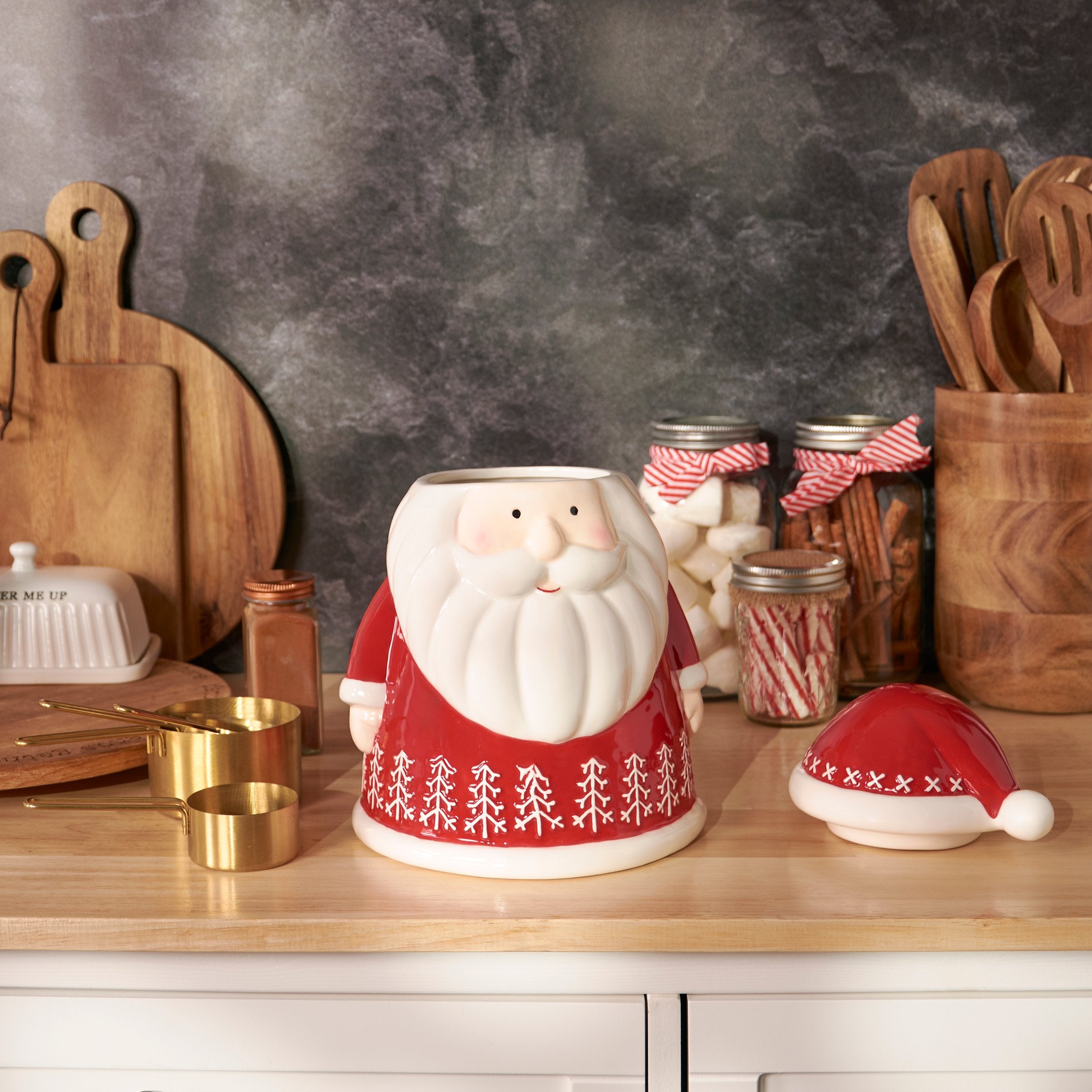 Festive Santa Claus Dolomite Cookie Jar with Nordic Tree Design