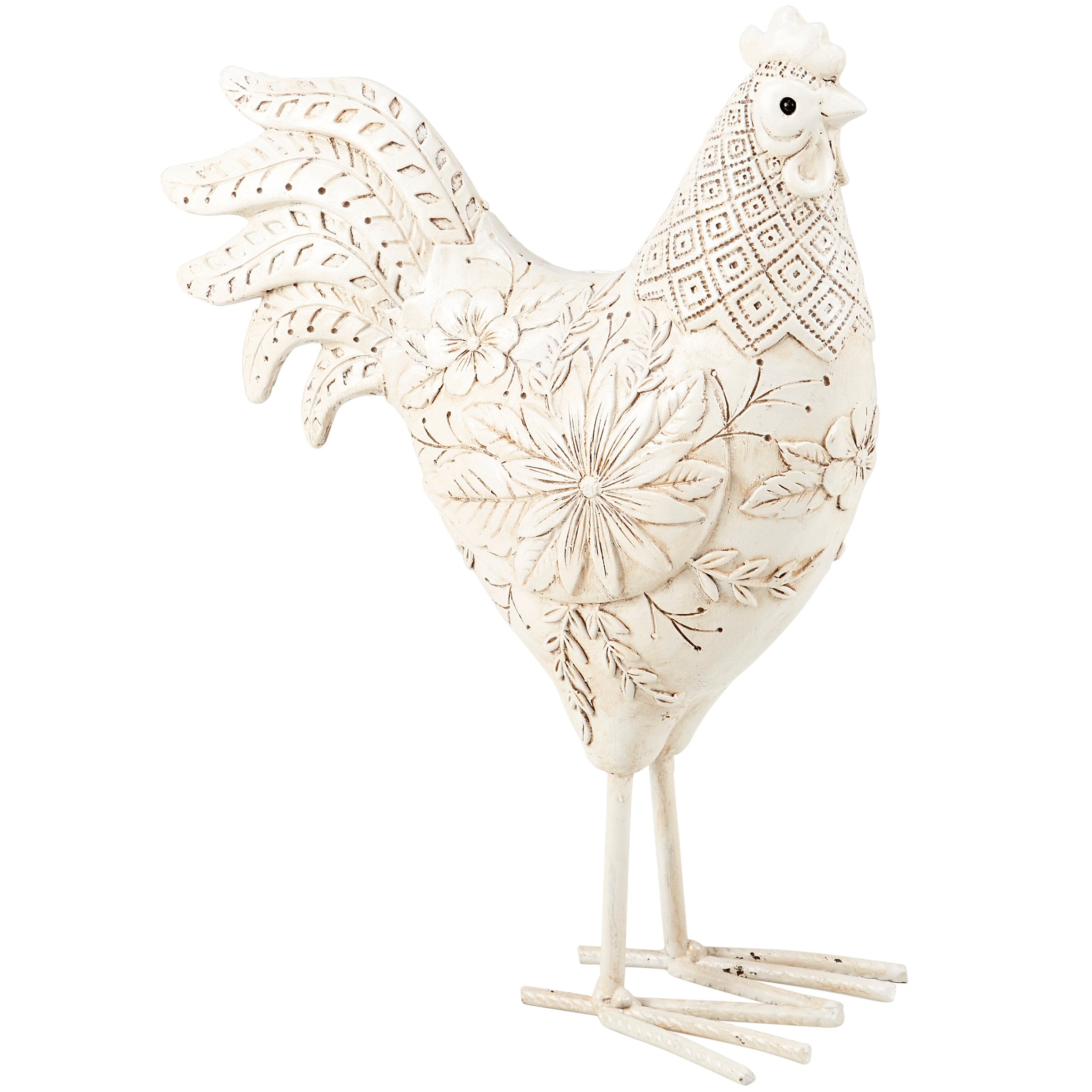 Charming Floral Rooster Figurine - Embossed Resin & Metal Farmhouse Decor