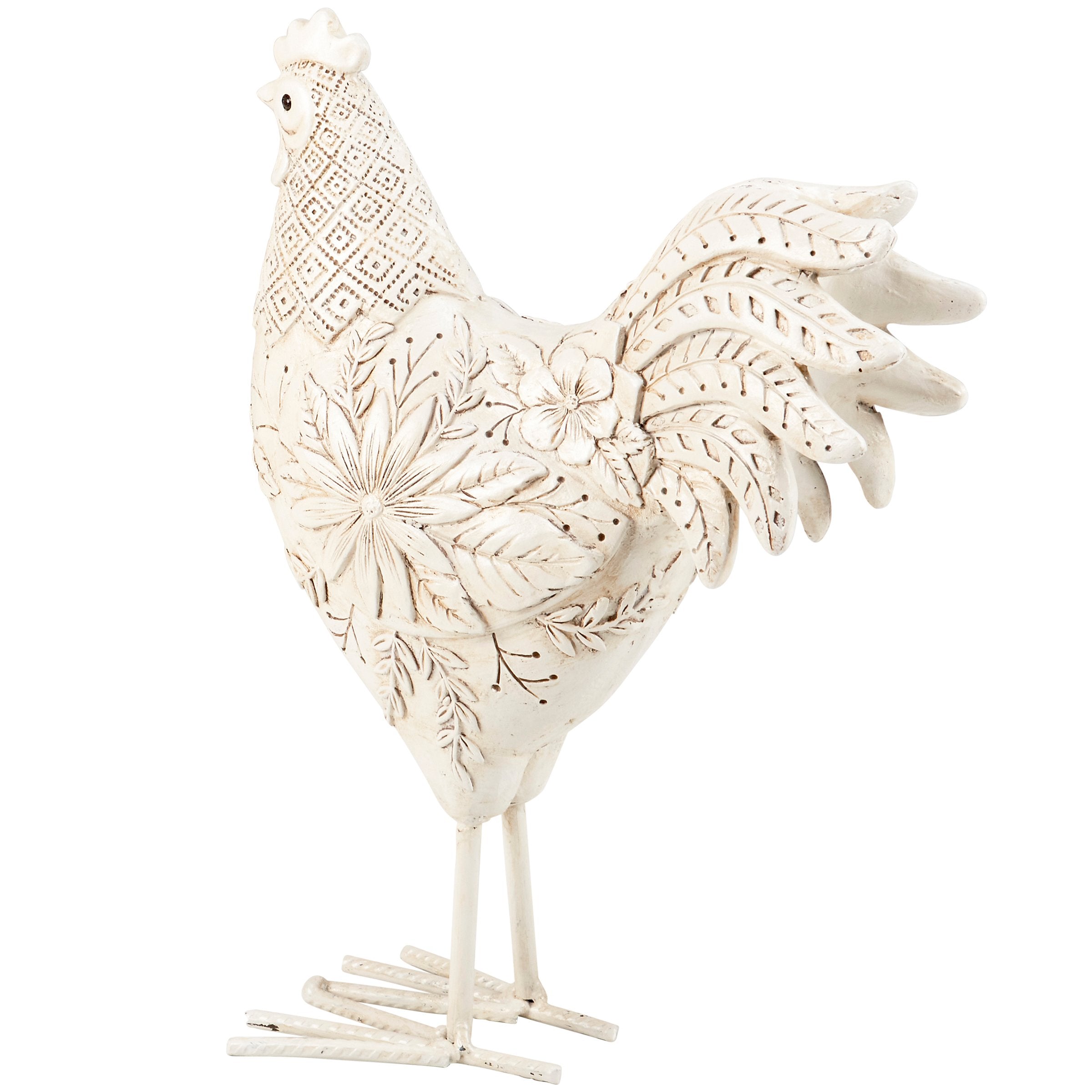 Charming Floral Rooster Figurine - Embossed Resin & Metal Farmhouse Decor