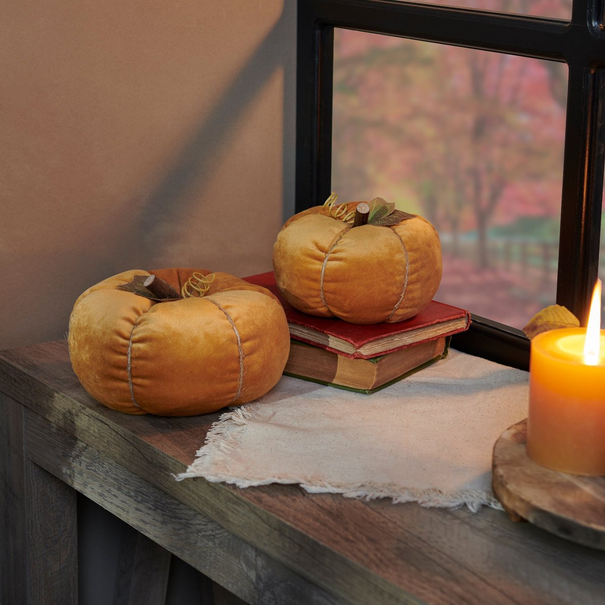 Lush Orange Velvet Decorative Pumpkin Set - Autumn Home Decor Accents