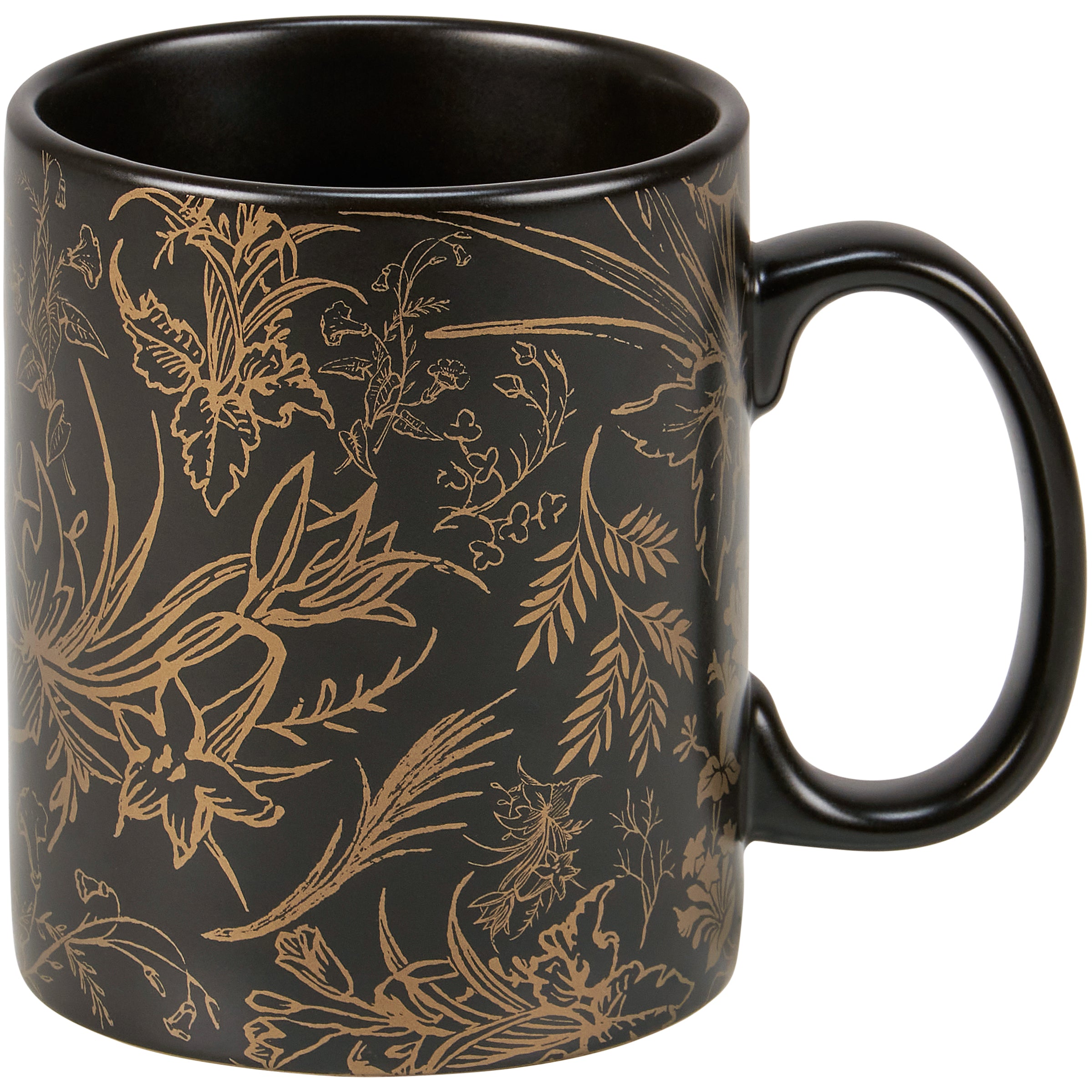 Elegant Black Stoneware Mug with Gold Floral Pattern, 20 oz, Dishwasher Safe
