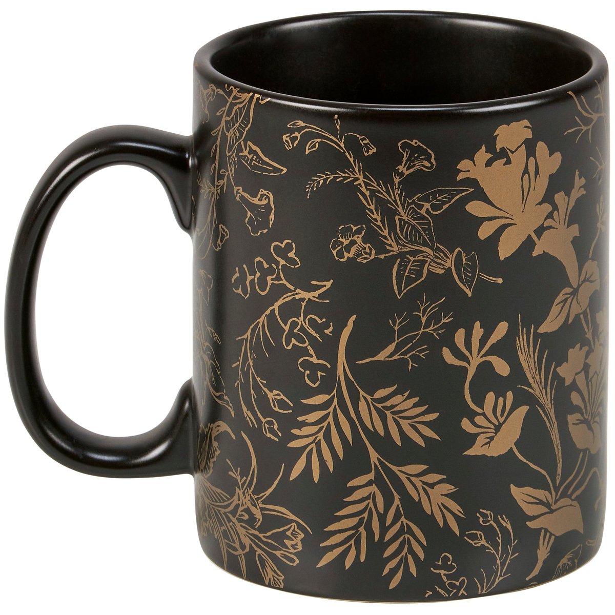 Elegant Black Stoneware Mug with Gold Floral Pattern, 20 oz, Dishwasher Safe