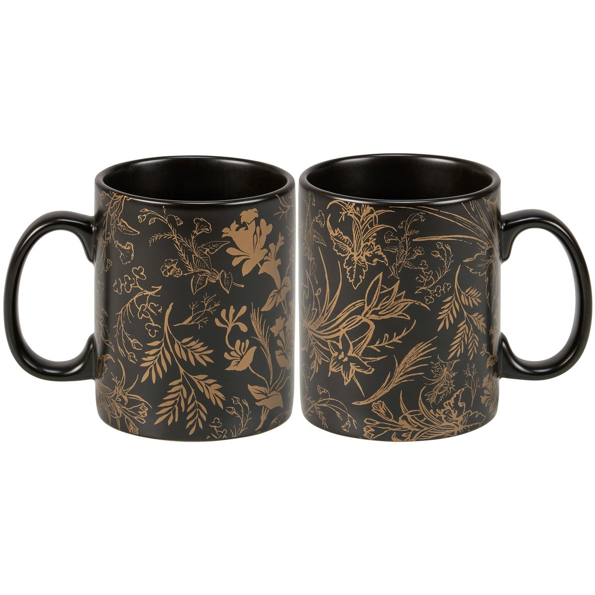 Elegant Black Stoneware Mug with Gold Floral Pattern, 20 oz, Dishwasher Safe