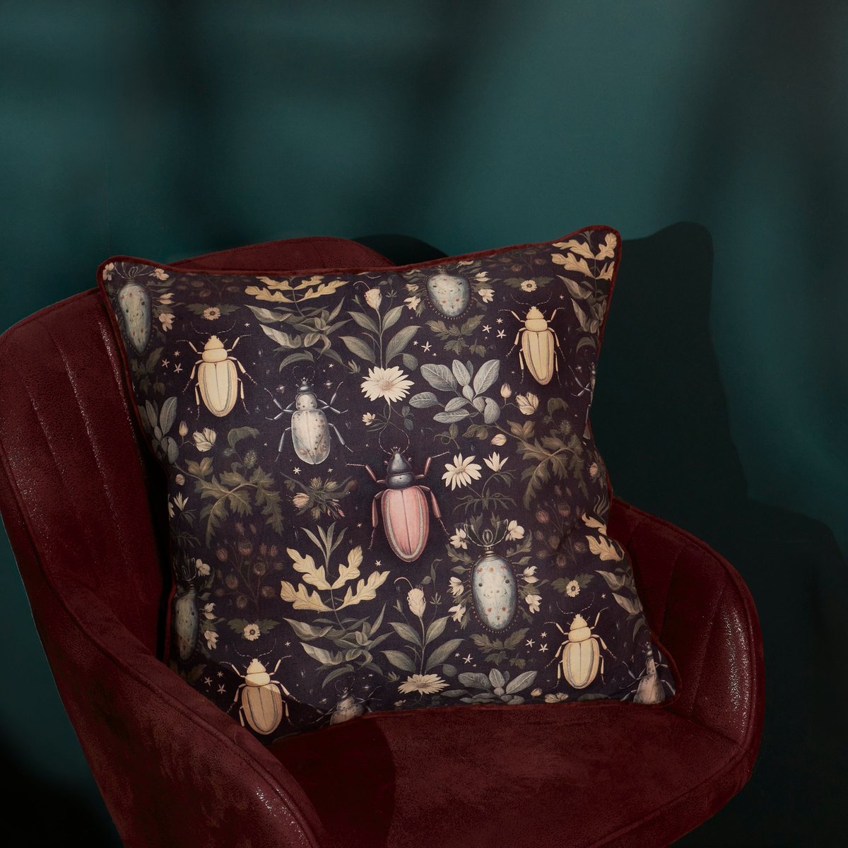 Dark Academia Beetle Floral Cotton Velvet Decorative Accent Pillow with Zipper