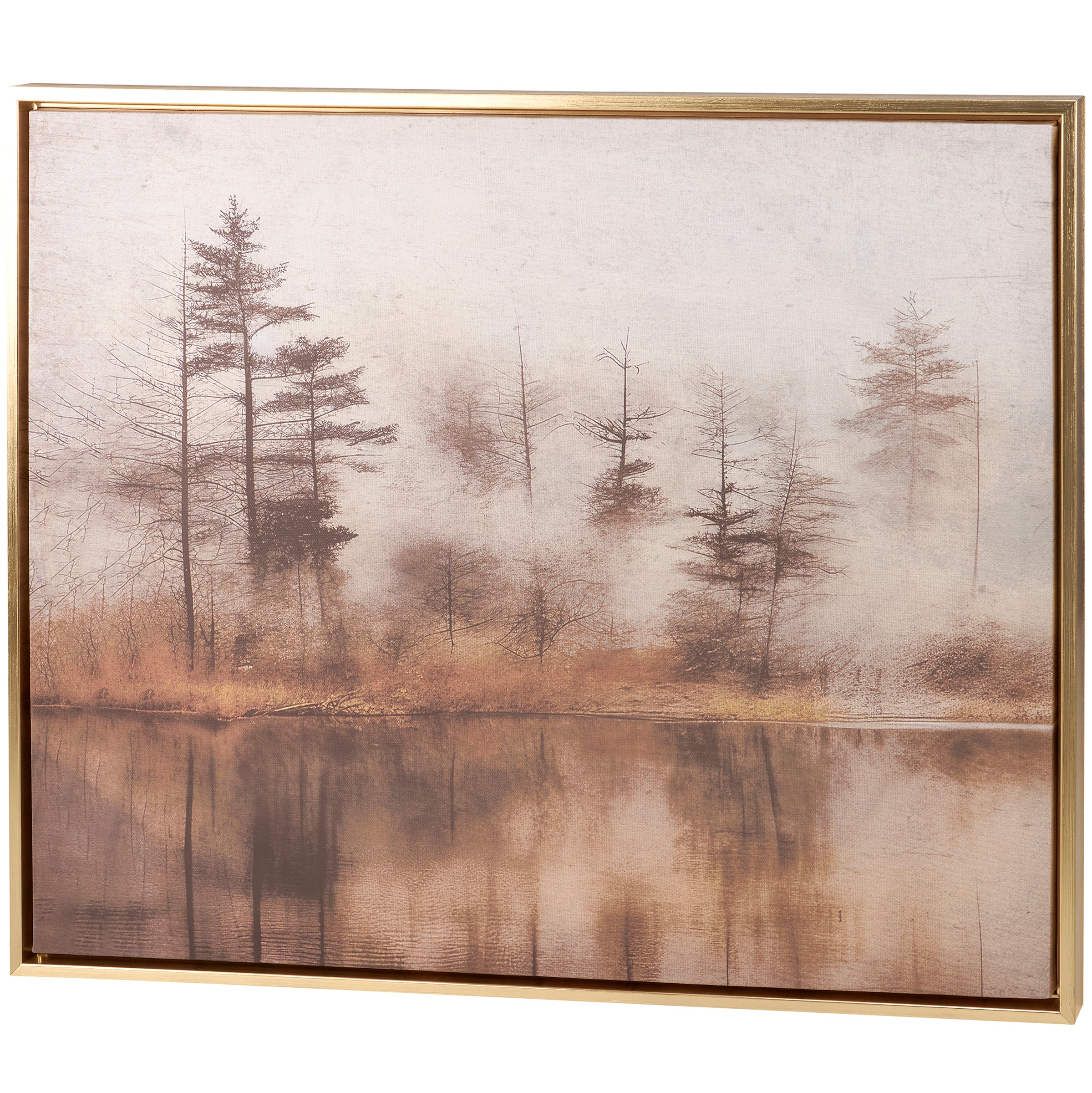 Serene Foggy Forest Lake Canvas Wall Art with Gold Floating Wood Frame
