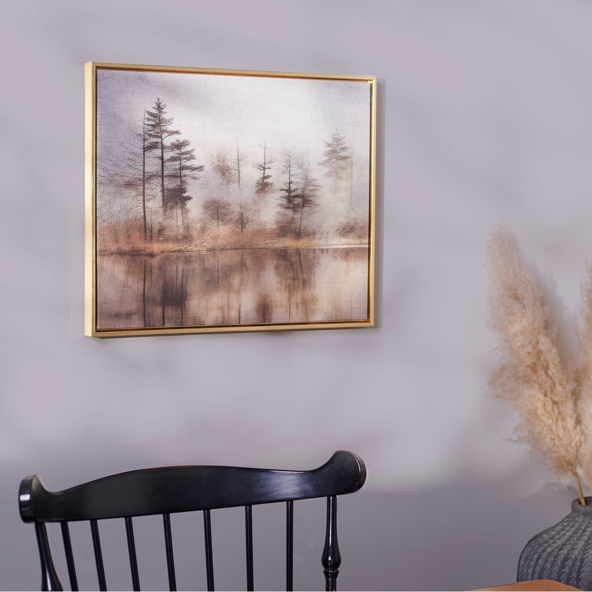 Serene Foggy Forest Lake Canvas Wall Art with Gold Floating Wood Frame