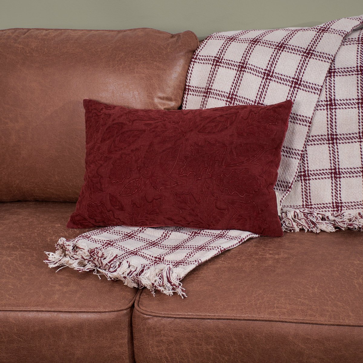 Embroidered Falling Leaves Autumn Red Cotton-Linen Decorative Pillow by Primitives by Kathy