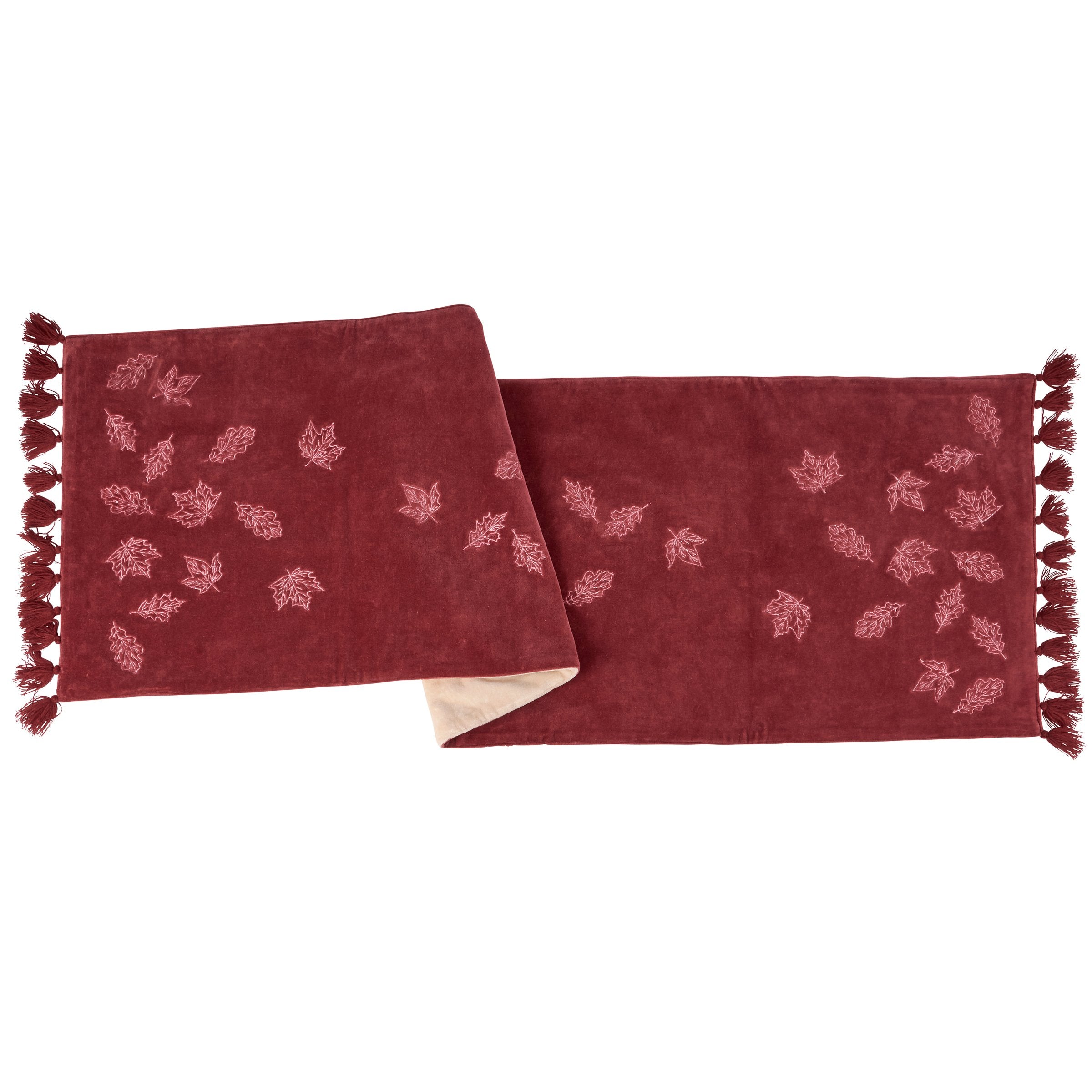 Elegant Embroidered Falling Leaves Cotton-Linen Velvet Table Runner with Tassels