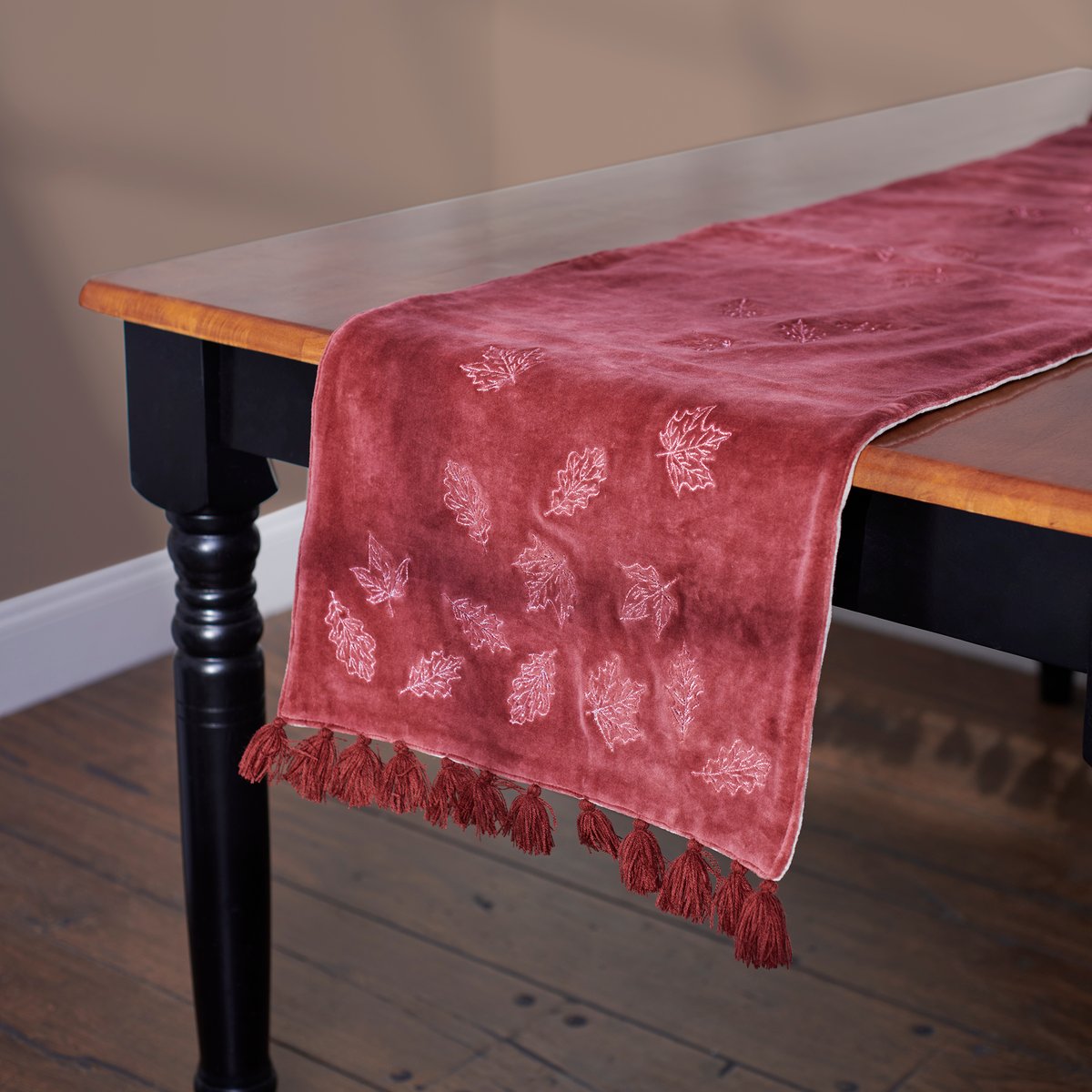 Elegant Embroidered Falling Leaves Cotton-Linen Velvet Table Runner with Tassels