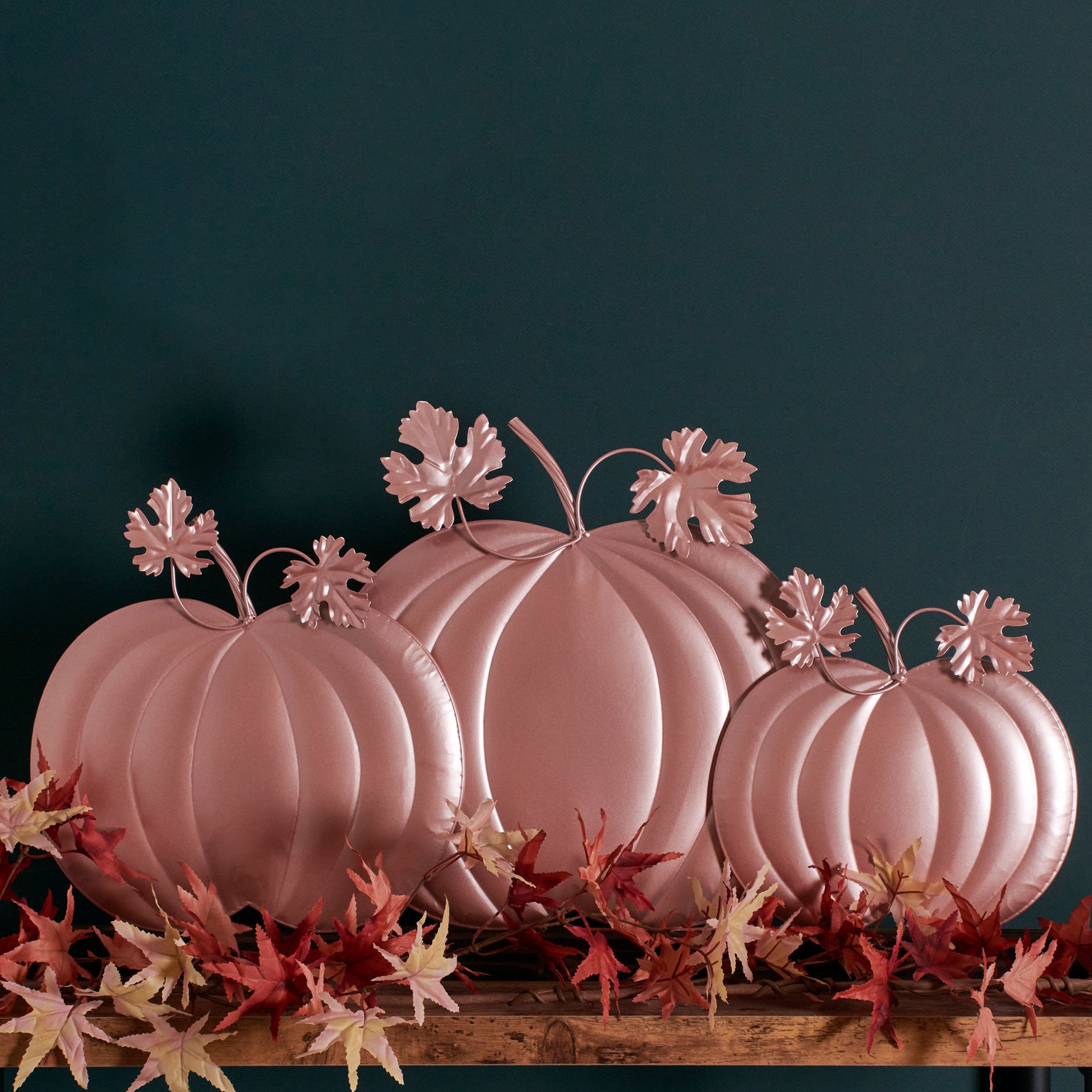 Chic Blush Metallic Pumpkin Slat Sitter - Freestanding Metal & Wood Fall Decor