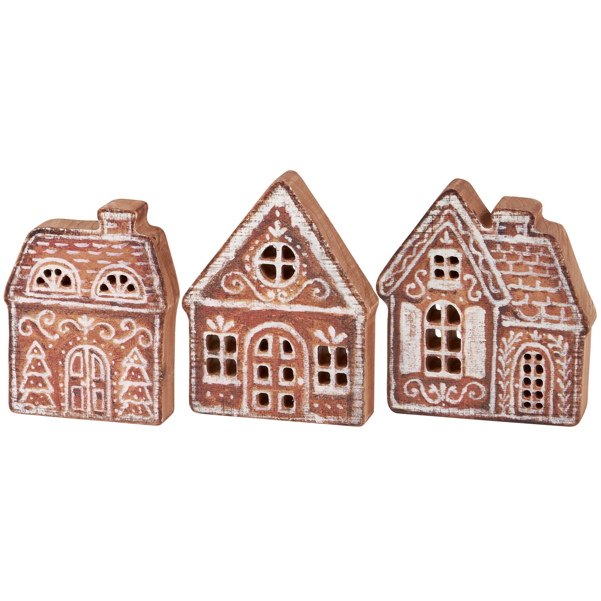 Festive Hand-Painted Gingerbread Village Chunky Wood Sitter Set Christmas Decor