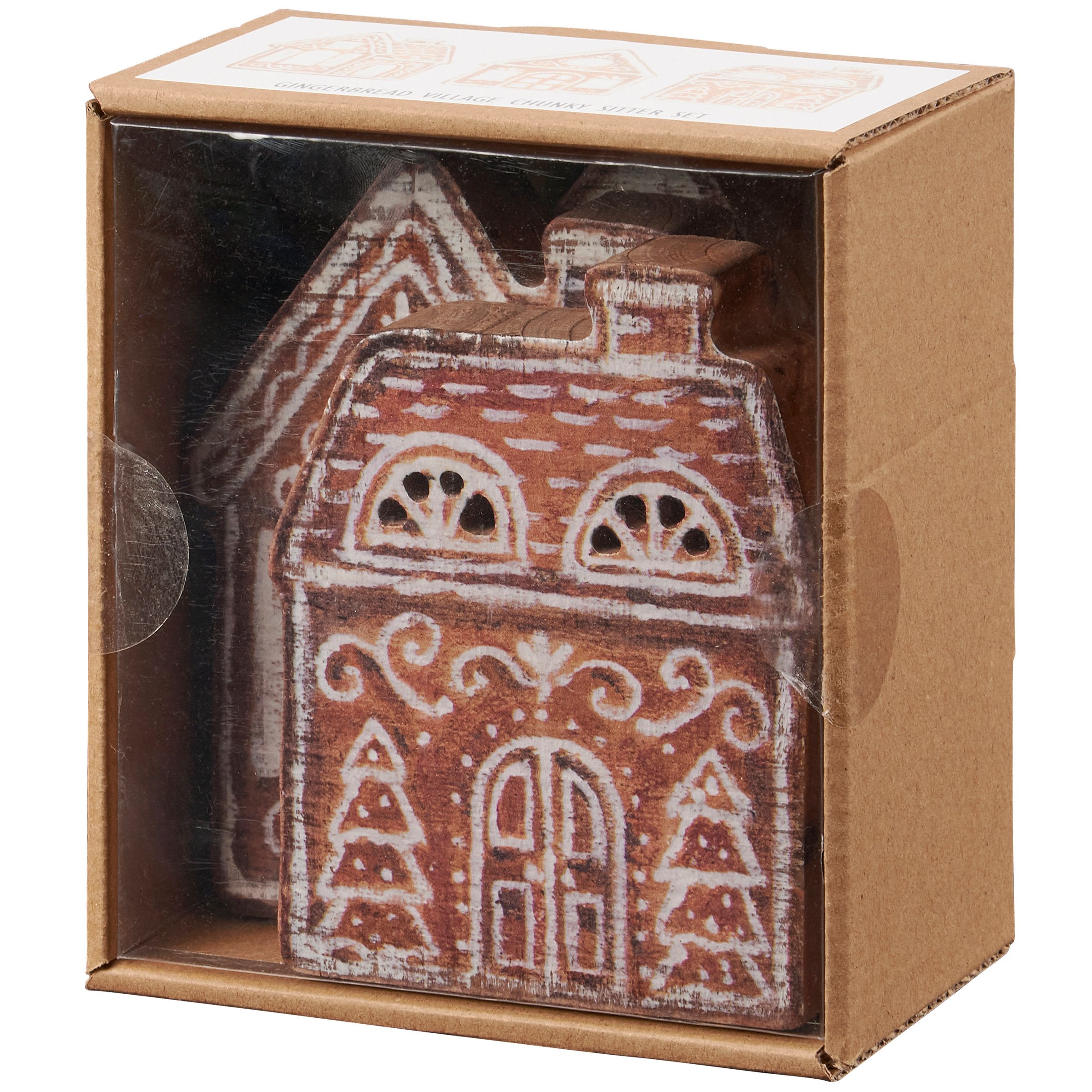 Festive Hand-Painted Gingerbread Village Chunky Wood Sitter Set Christmas Decor