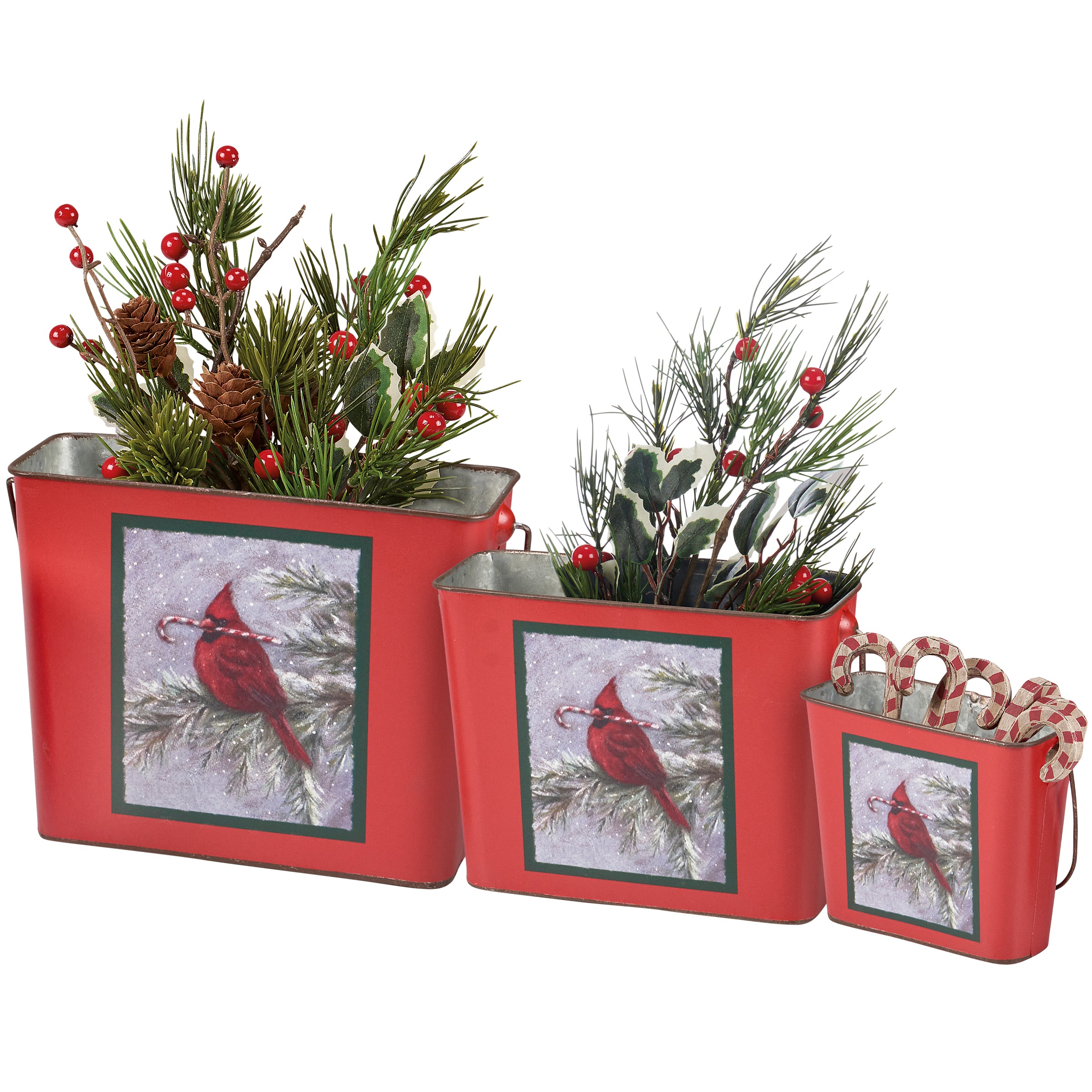 Rustic Galvanized Winter Cardinal Bucket Set - 3 Hand-painted Seasonal Decor
