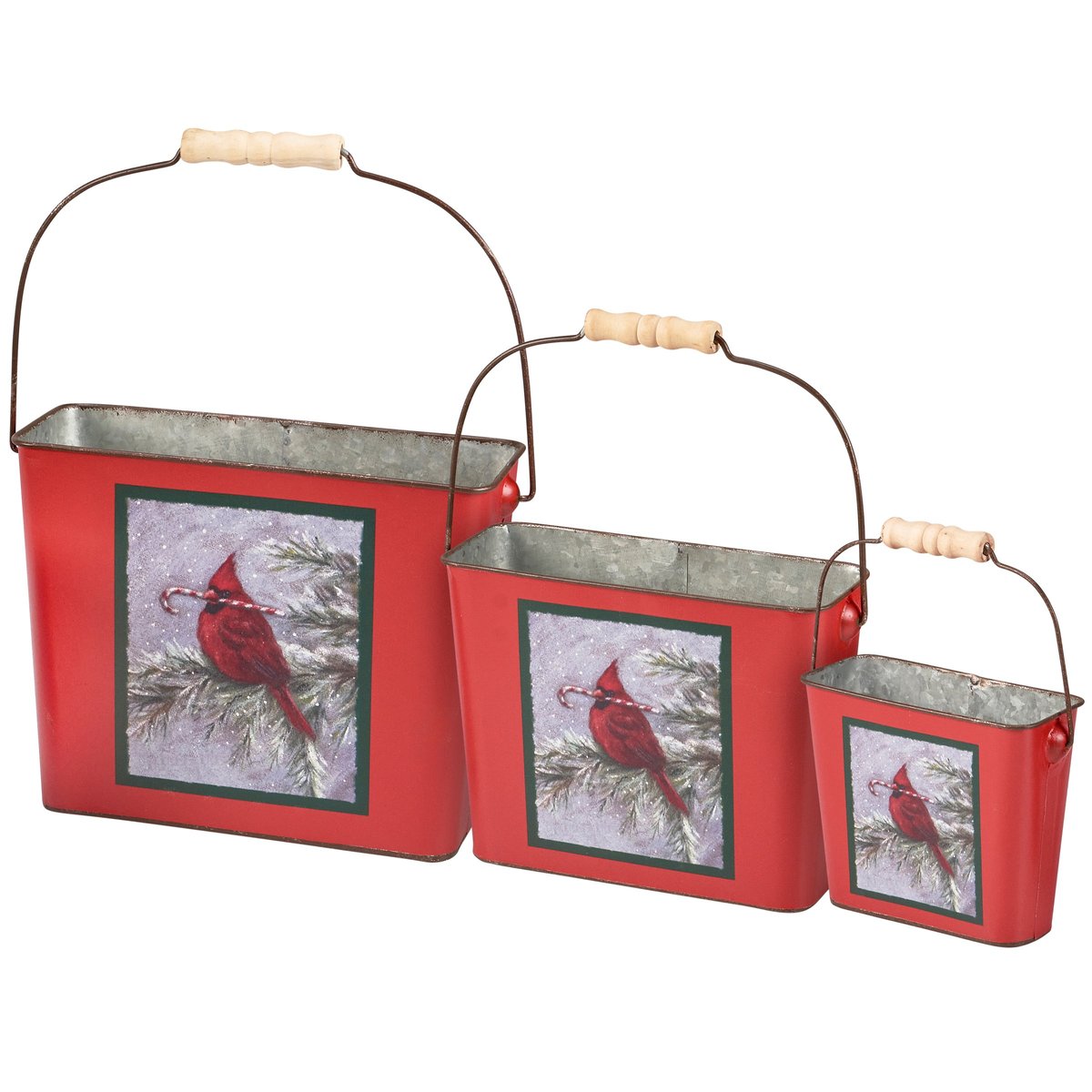 Rustic Galvanized Winter Cardinal Bucket Set - 3 Hand-painted Seasonal Decor
