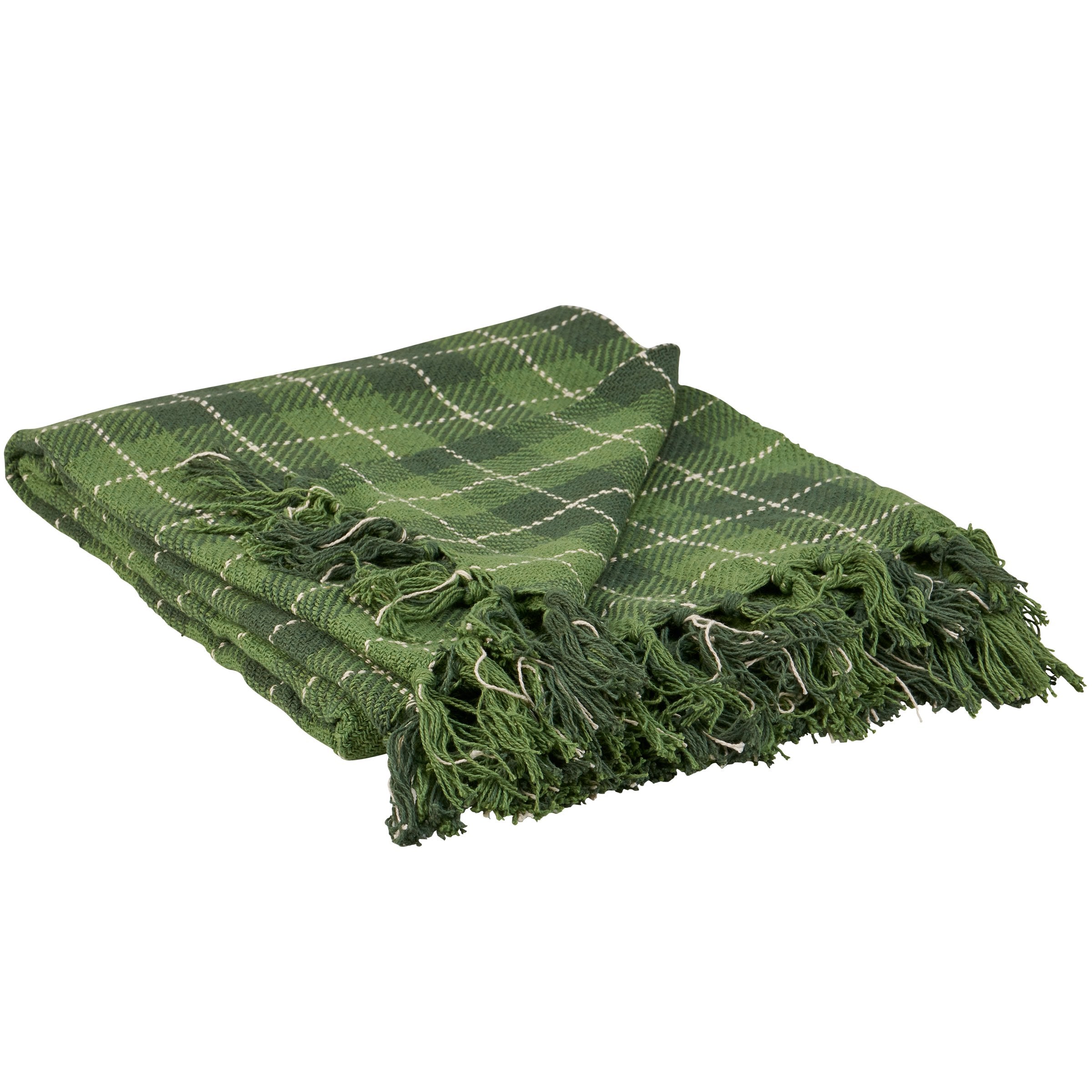 Cozy Green Tartan Plaid Cotton Throw Blanket with Tassels, Machine Washable