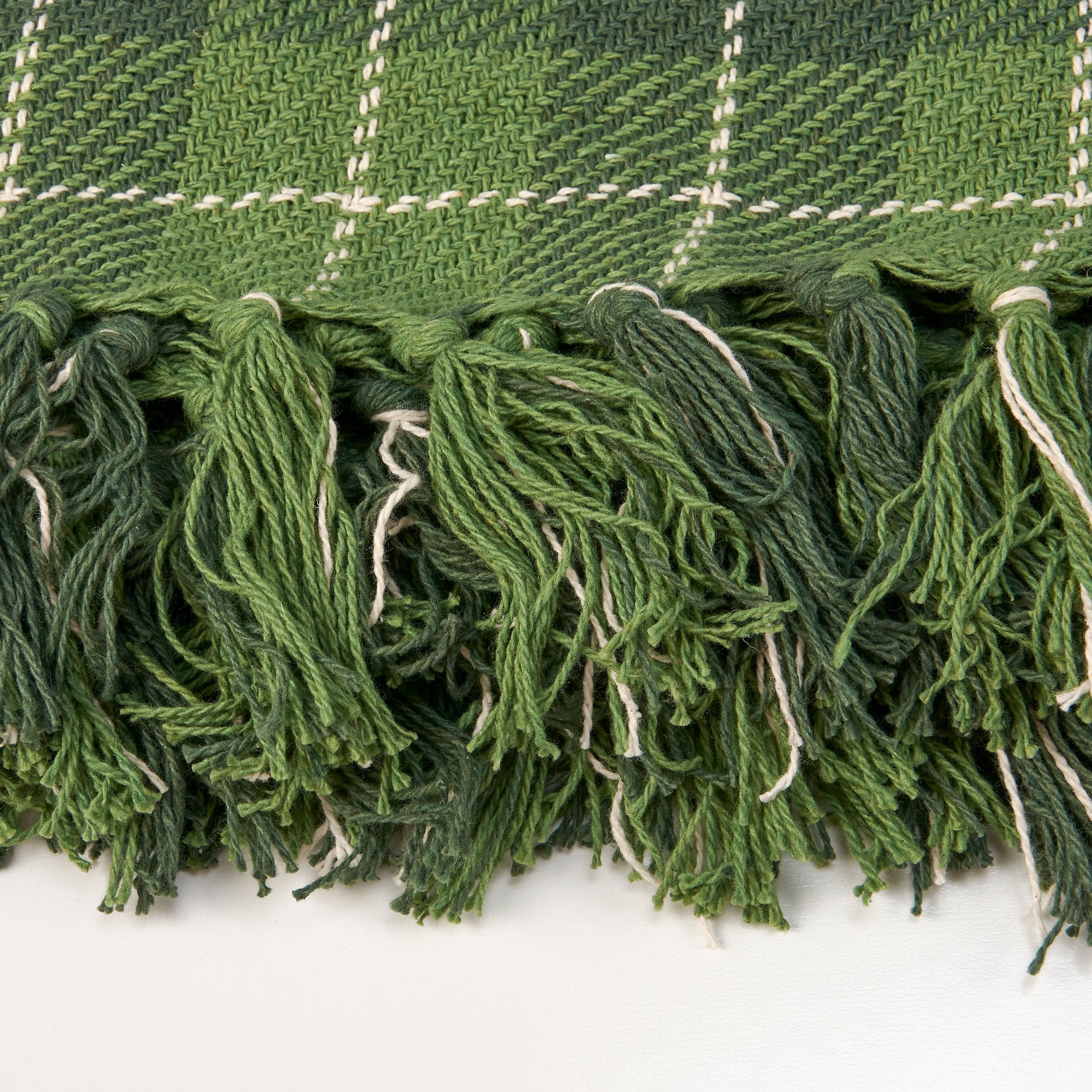 Cozy Green Tartan Plaid Cotton Throw Blanket with Tassels, Machine Washable