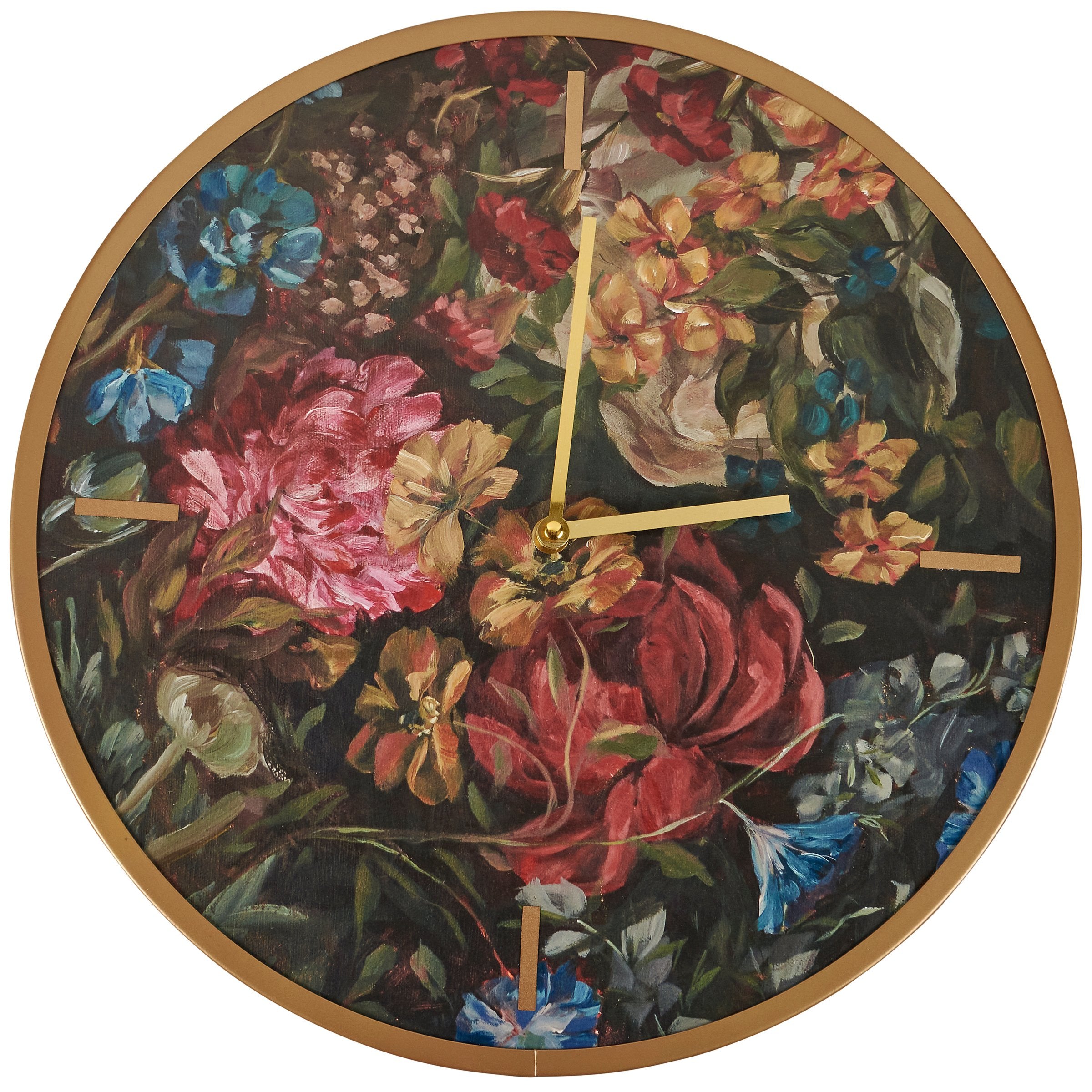 Stunning Moody Floral Round Wooden Wall Clock with Hand-Painted Gold Metal Details