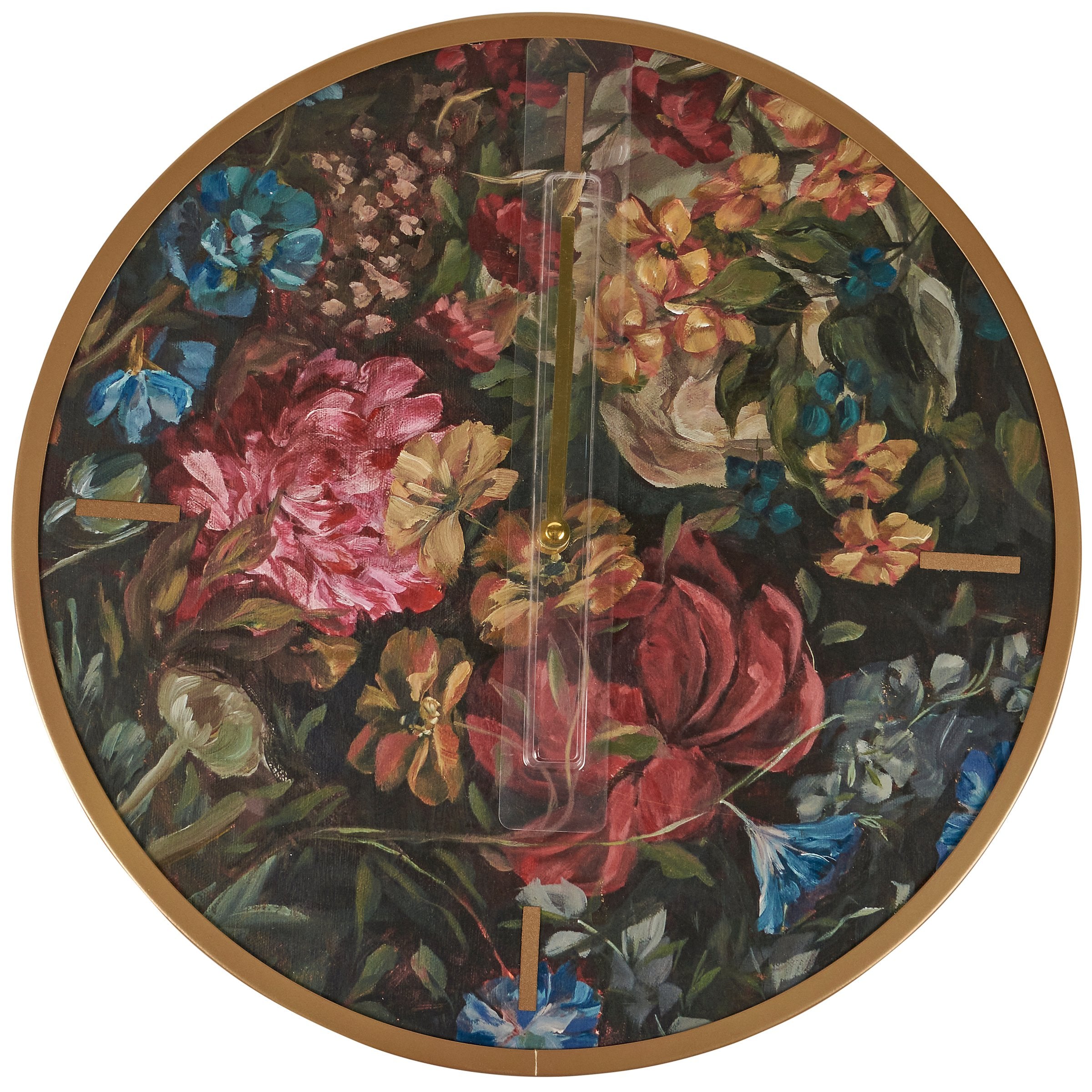 Stunning Moody Floral Round Wooden Wall Clock with Hand-Painted Gold Metal Details