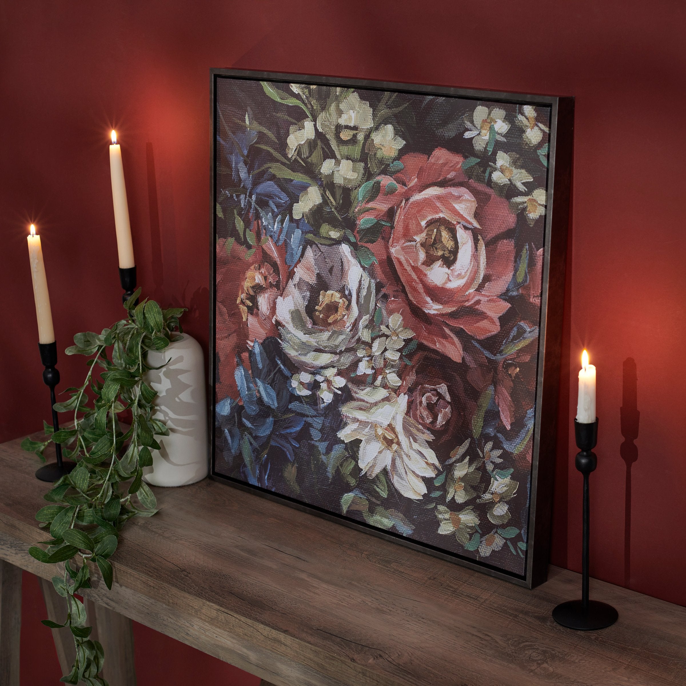 Captivating Moody Floral Canvas Wall Art, Hand-Painted Design, Floating Wood Frame, 24x24