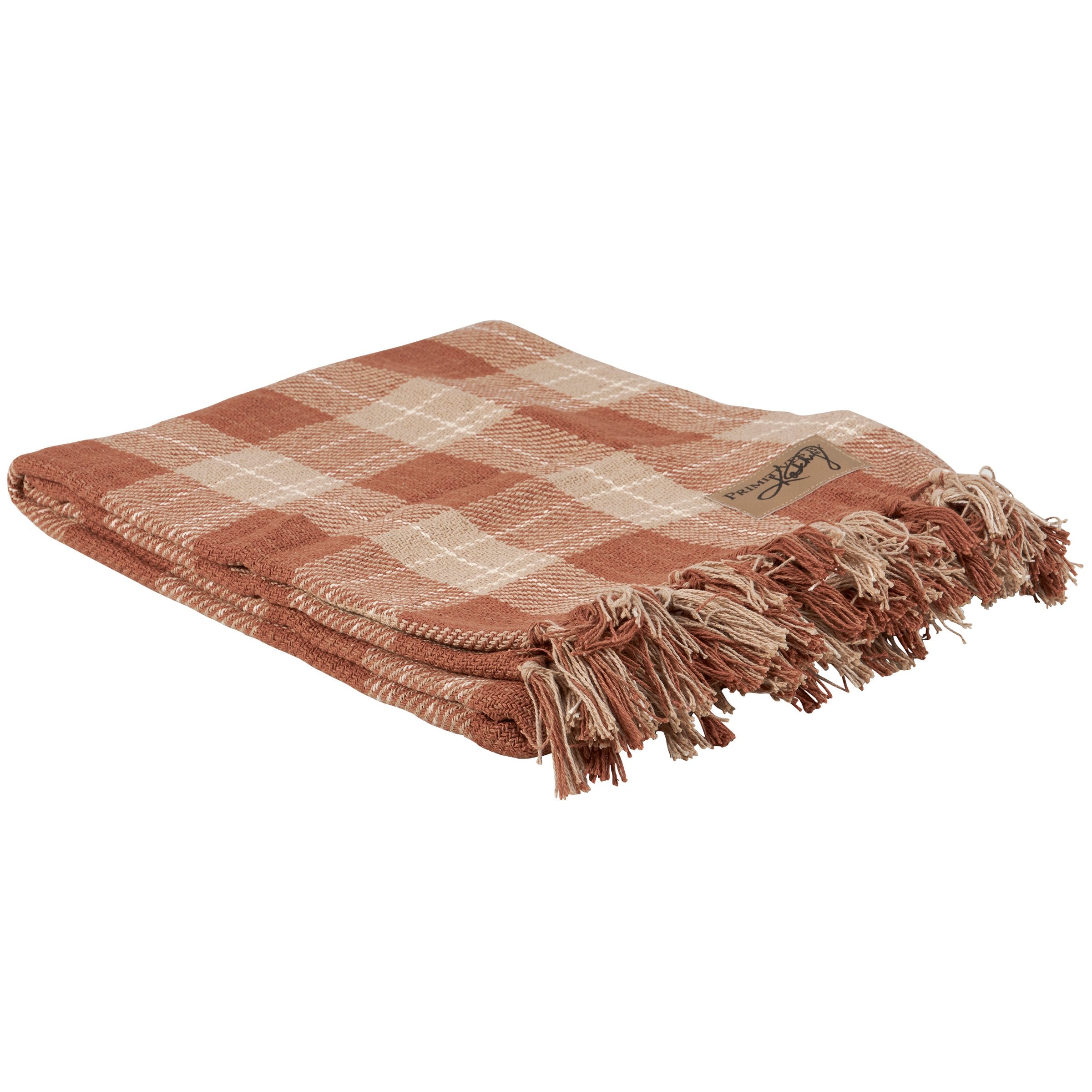 Soft Brown Tartan Cotton Throw Blanket with Tassels, Machine Washable