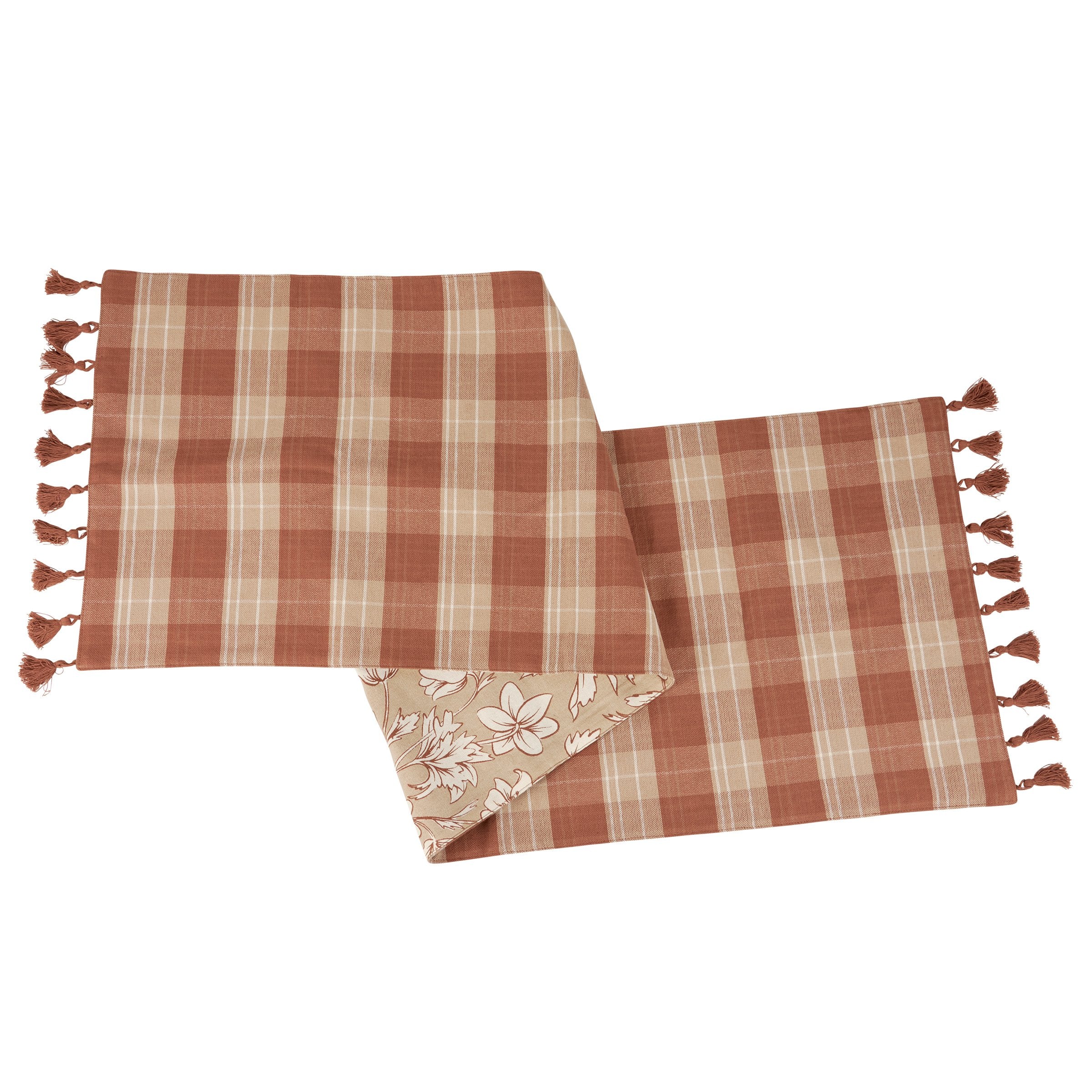 Rustic Farmhouse Brown Tartan Cotton Table Runner with Tassels - Machine Washable