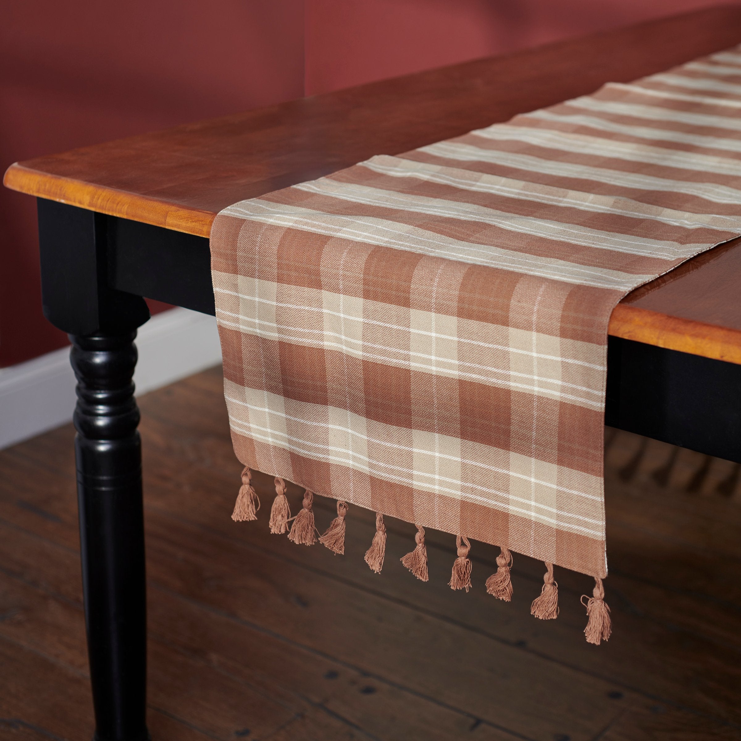 Rustic Farmhouse Brown Tartan Cotton Table Runner with Tassels - Machine Washable