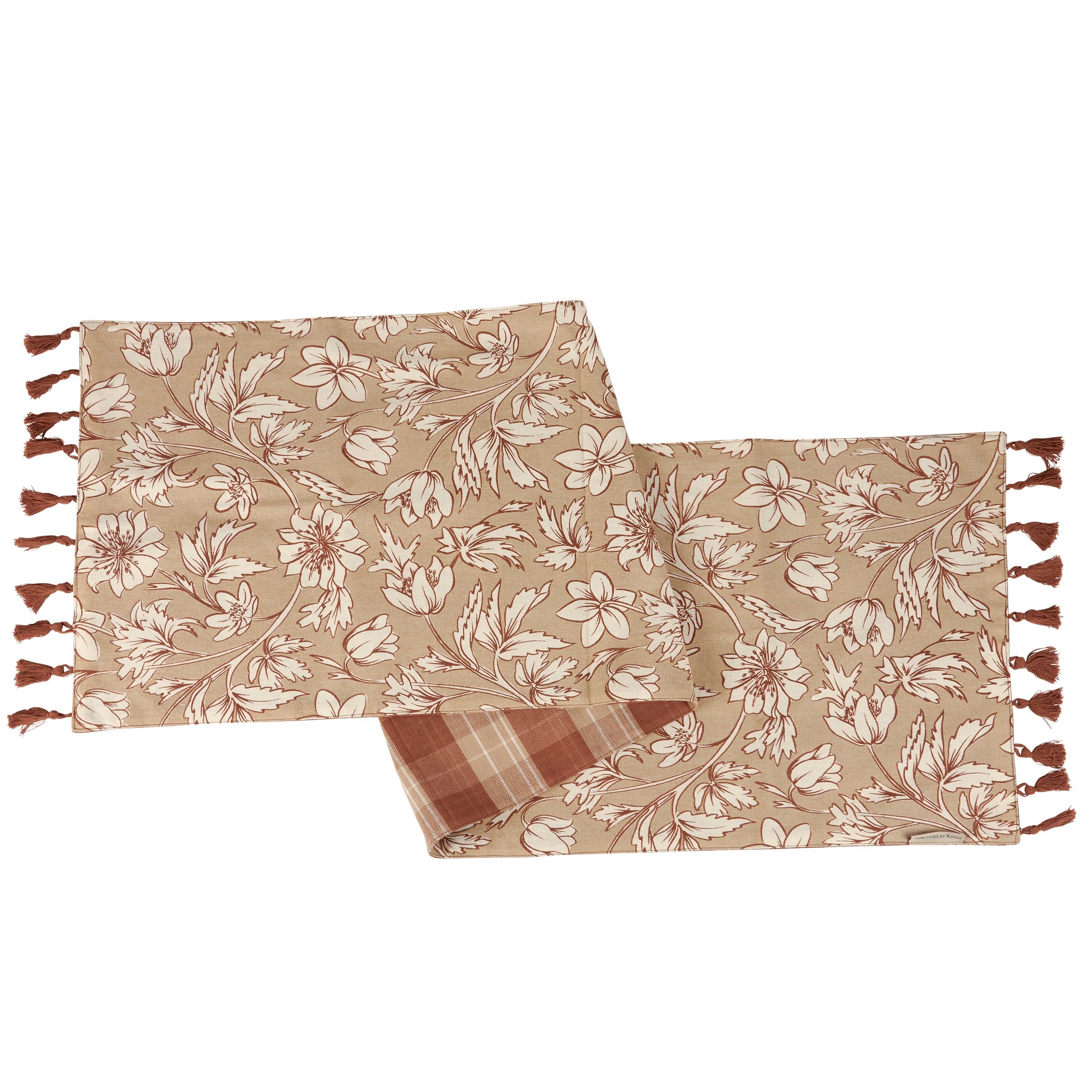 Rustic Farmhouse Brown Tartan Cotton Table Runner with Tassels - Machine Washable