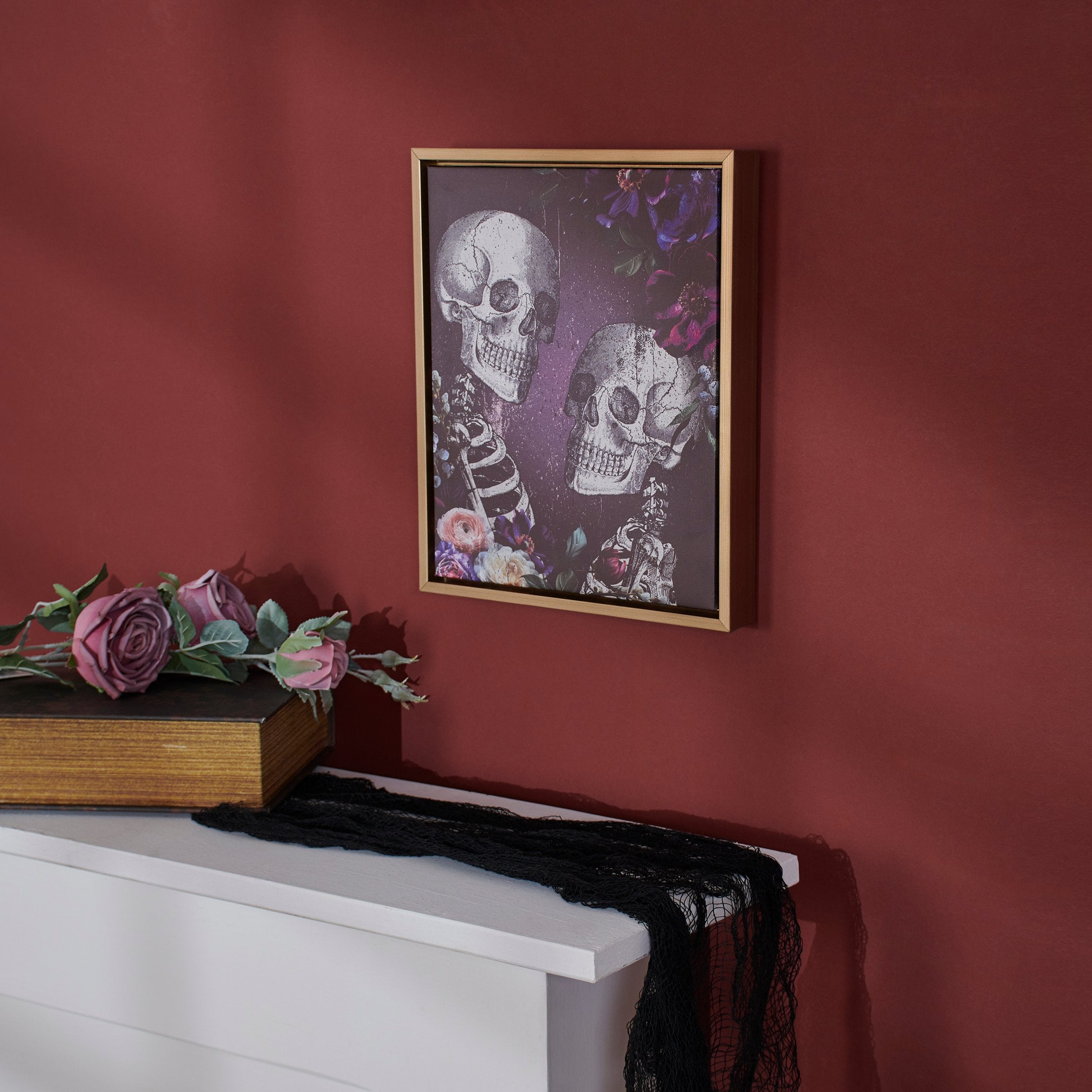 Romantic Skeleton Couple Canvas Wall Art with Floral Frame - Spooky Decor