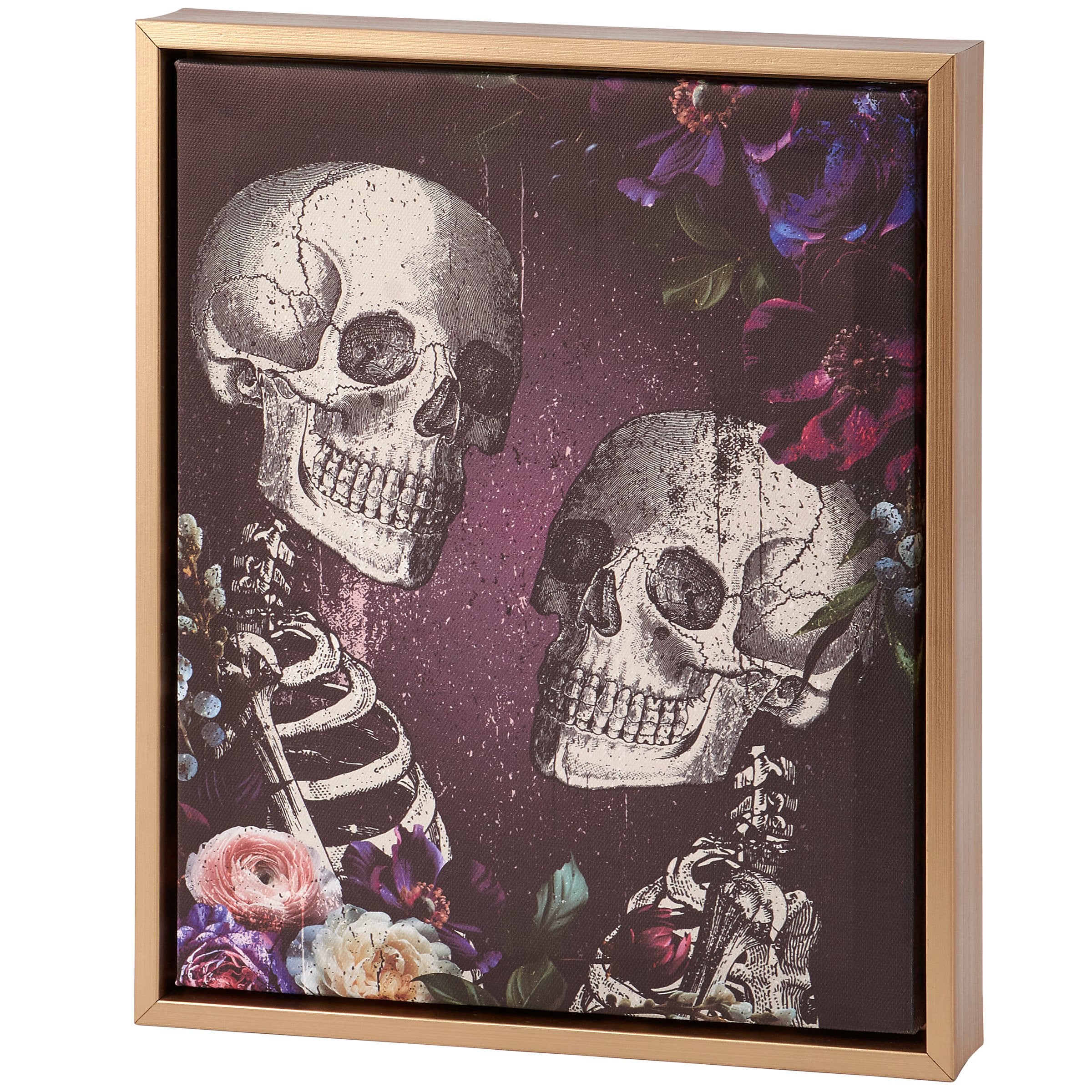 Romantic Skeleton Couple Canvas Wall Art with Gold Floating Wood Frame