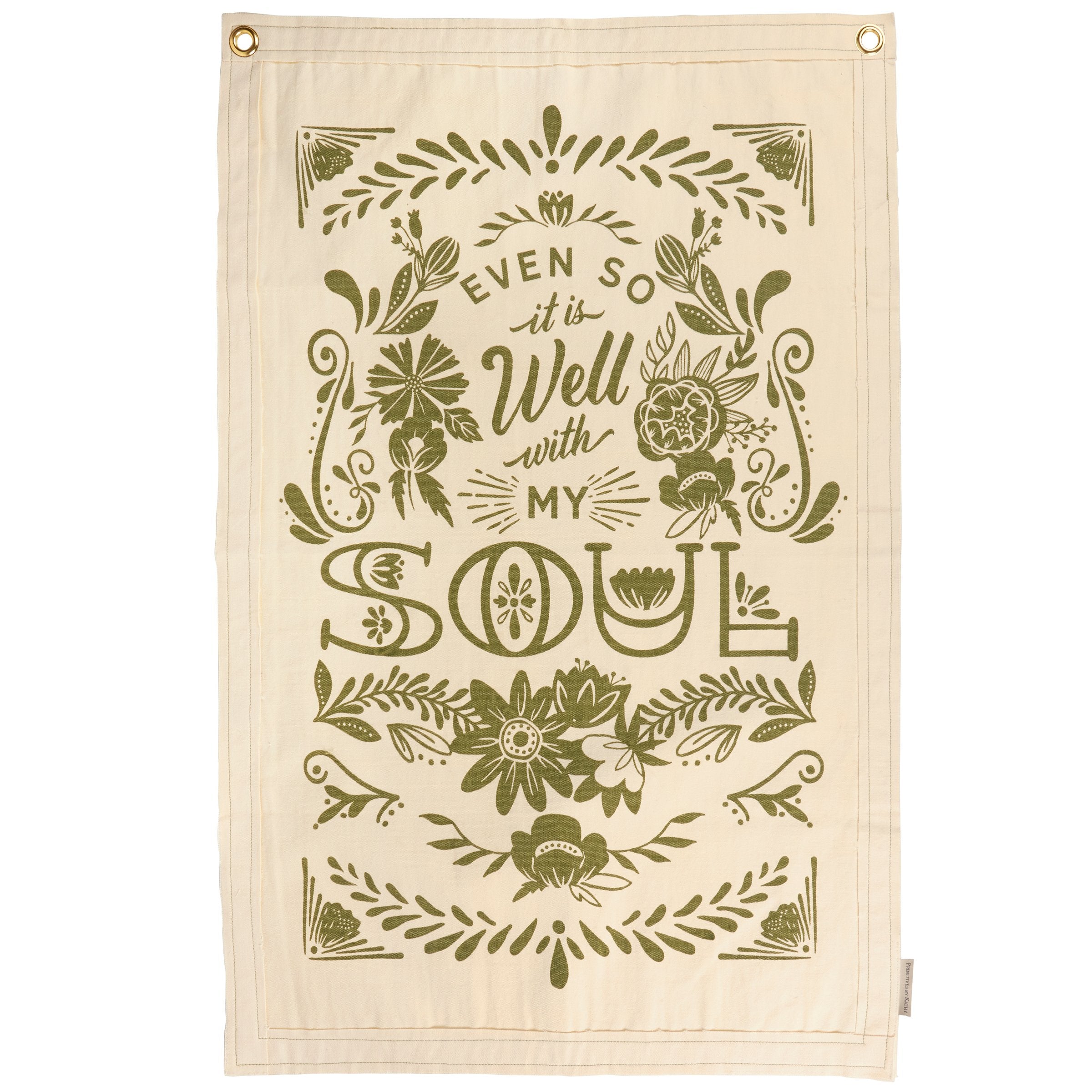 Calming 'It Is Well With My Soul' Folk Art Green Floral Canvas Wall Banner