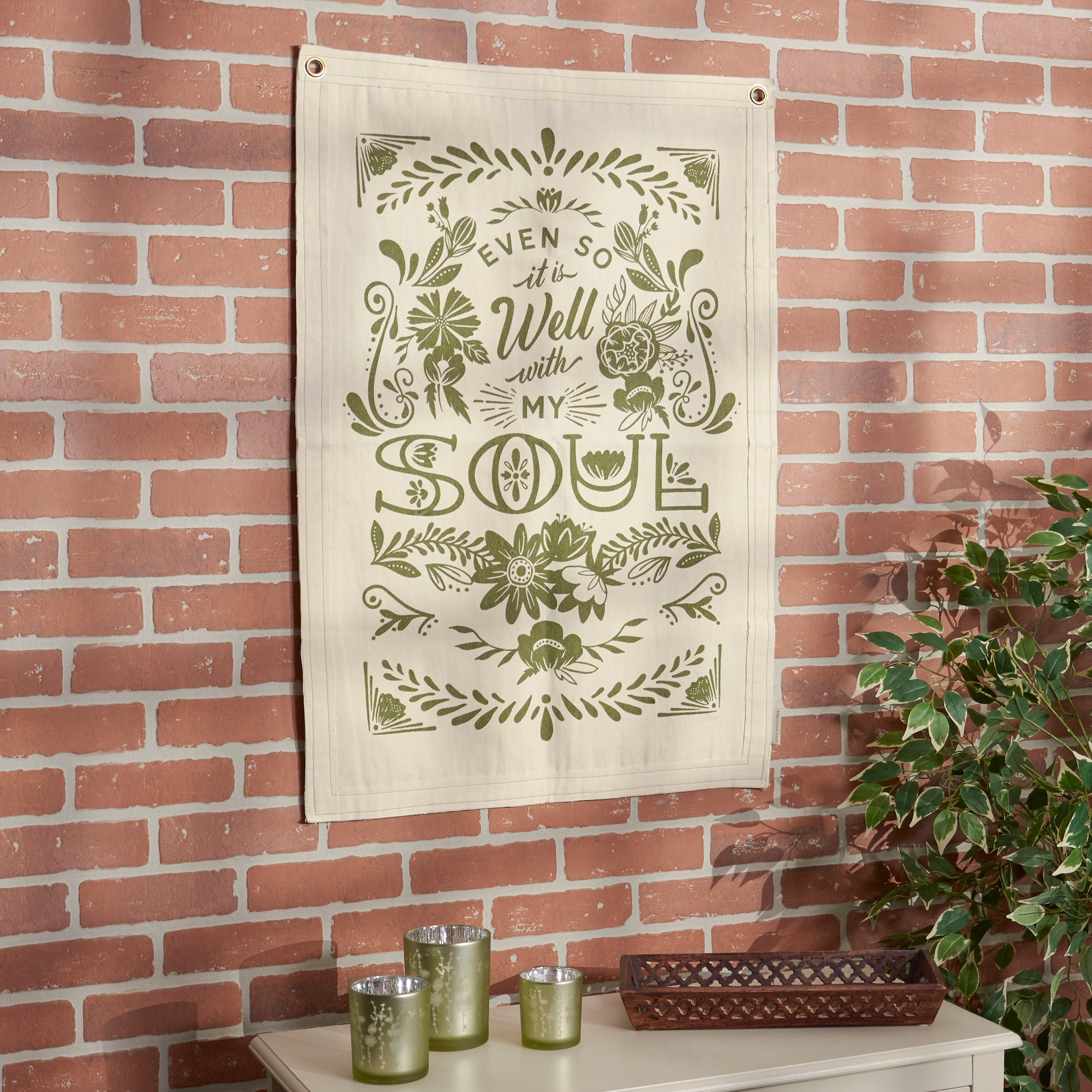 Calming 'It Is Well With My Soul' Folk Art Green Floral Canvas Wall Banner