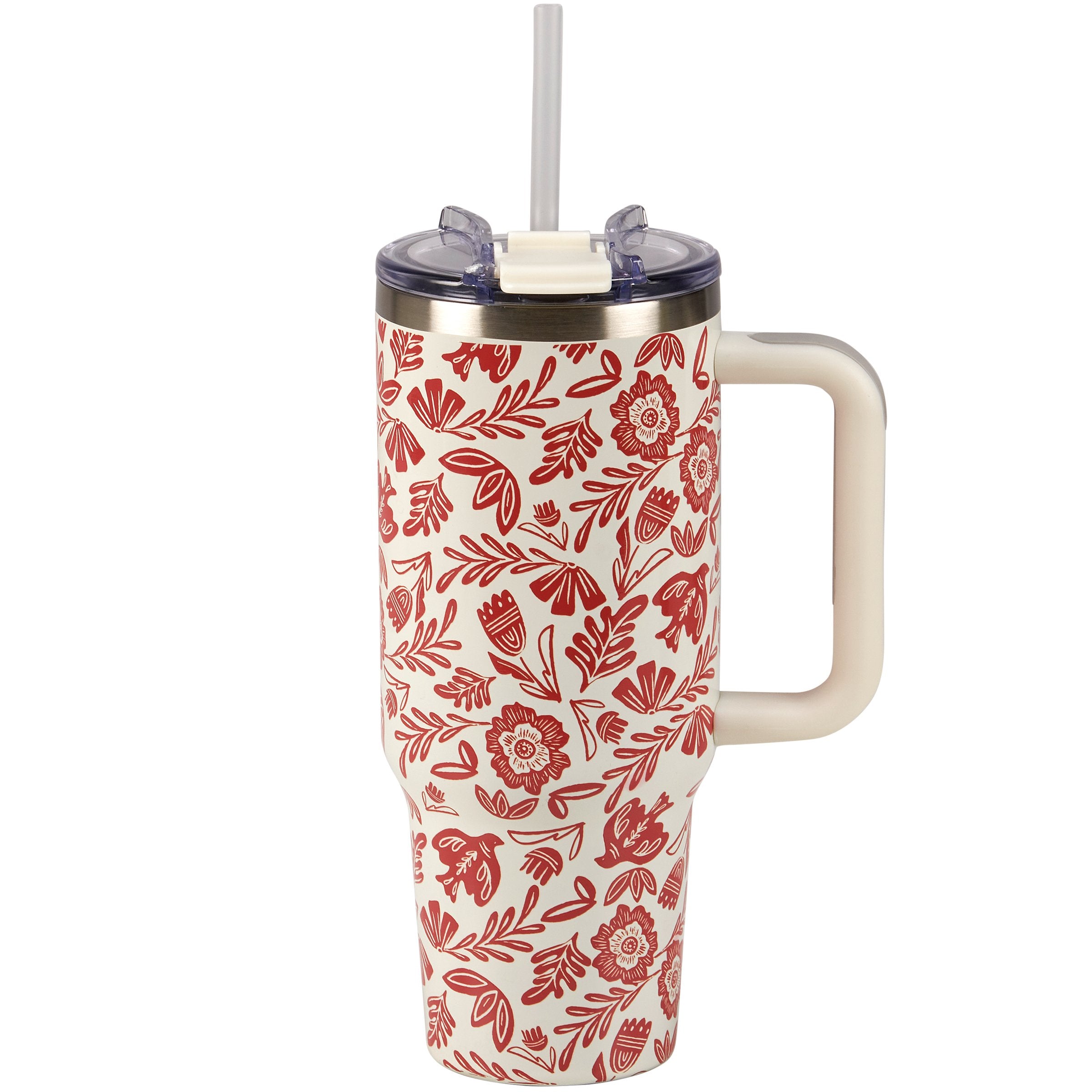 40oz Insulated Stainless Steel Travel Mug with Red Folk Floral Design and Handle