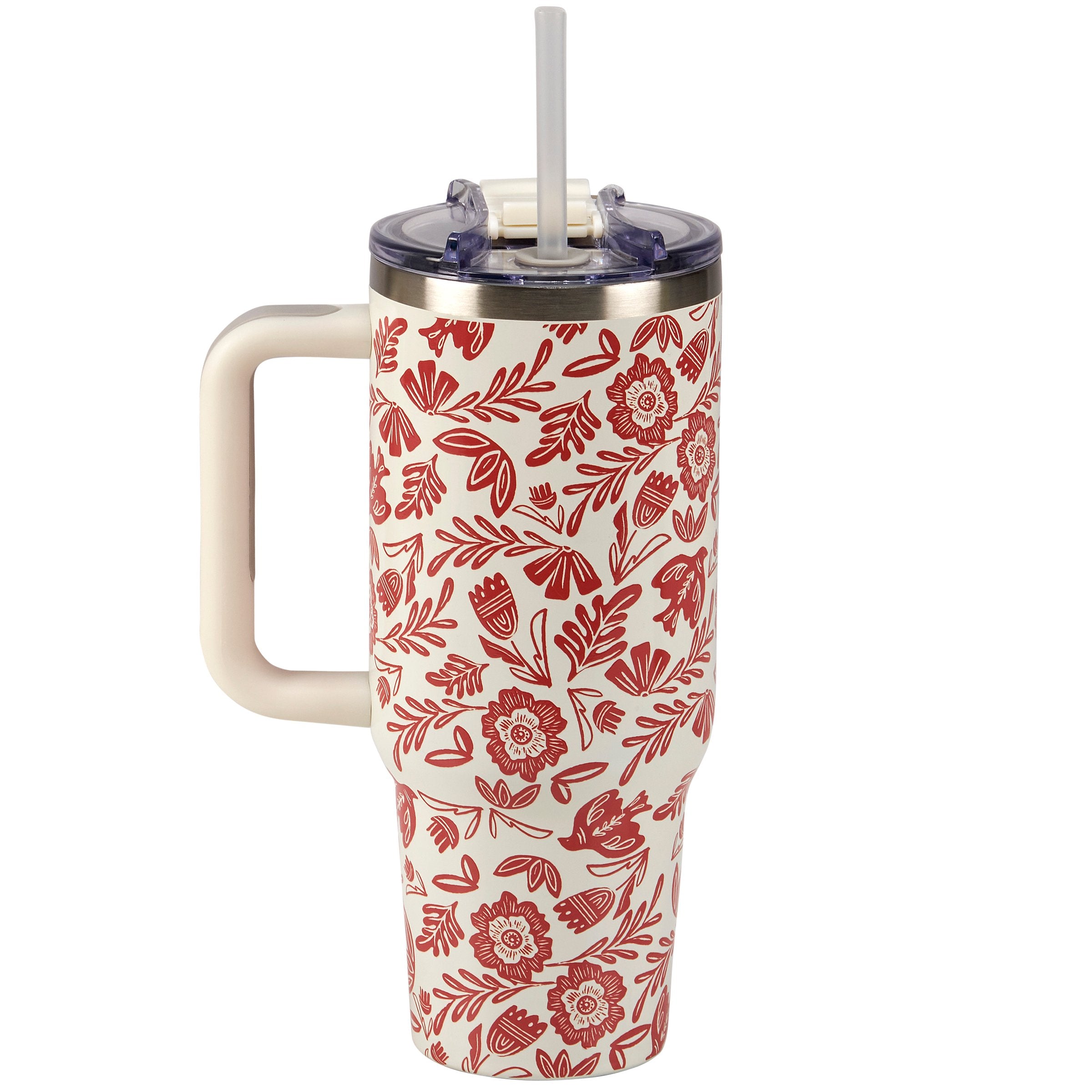 40oz Insulated Stainless Steel Travel Mug with Red Folk Floral Design and Handle