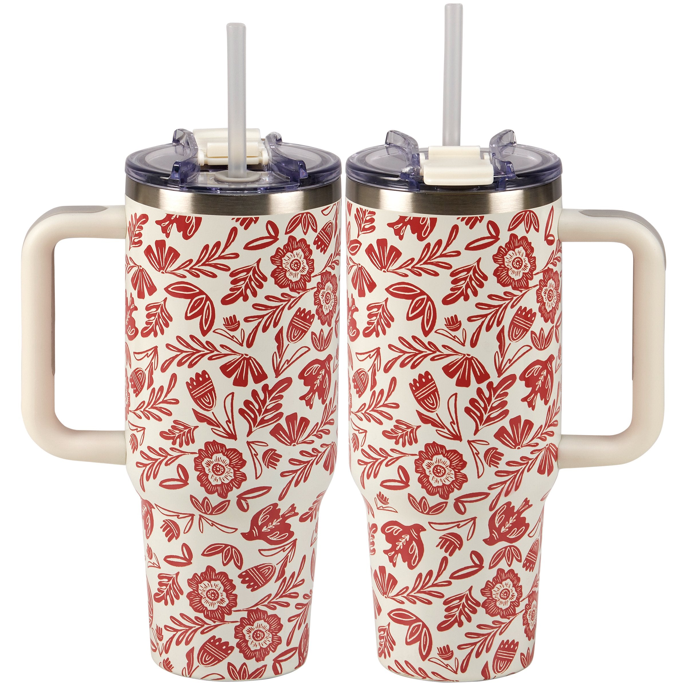 40oz Insulated Stainless Steel Travel Mug with Red Folk Floral Design and Handle