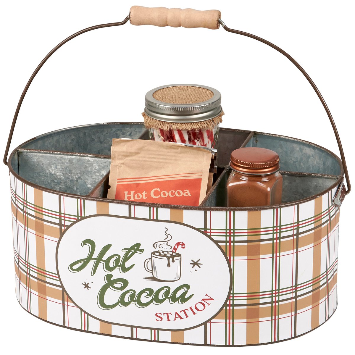 Festive Galvanized Metal Hot Cocoa Station Caddy Organizer with Plaid Design