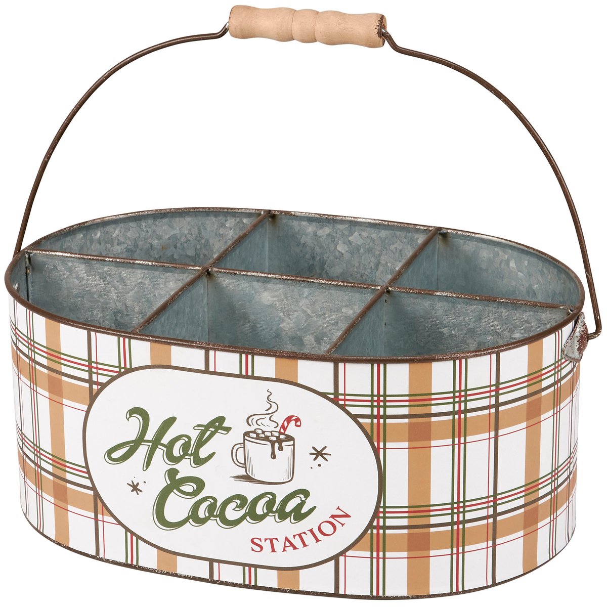 Festive Galvanized Metal Hot Cocoa Station Caddy Organizer with Plaid Design