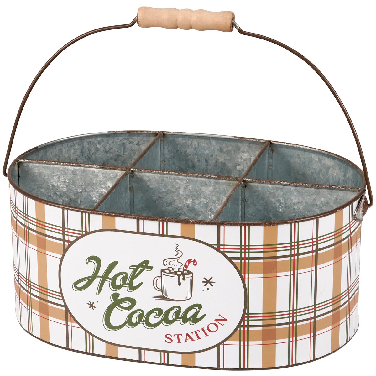 Festive Galvanized Metal Hot Cocoa Station Caddy Organizer with Plaid Design