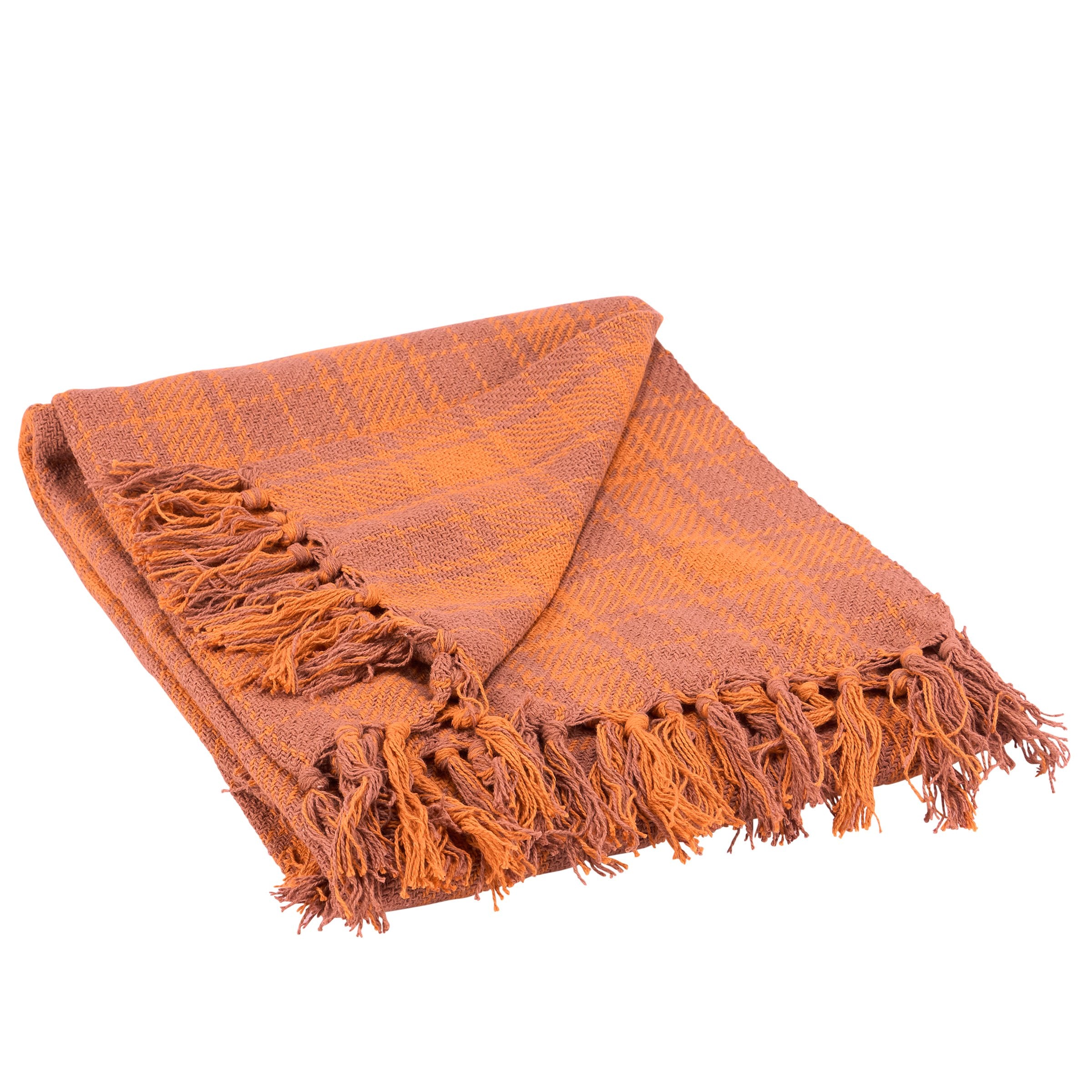 Cozy Orange Tartan Cotton Throw Blanket with Tassels for Rustic Cabin Decor