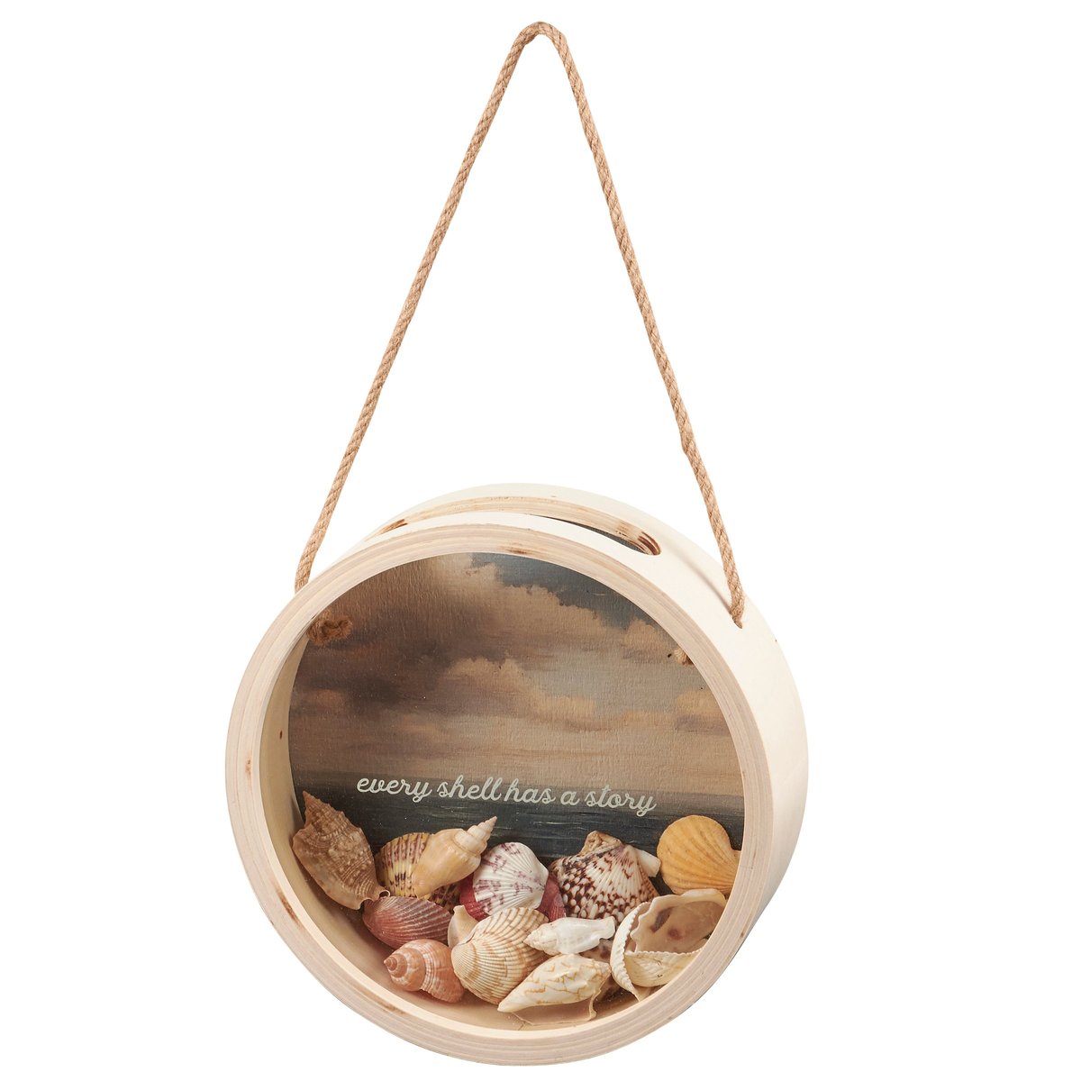 Coastal Round Wood & Glass Seashell Holder - "Every Shell Has A Story" Keepsake Display