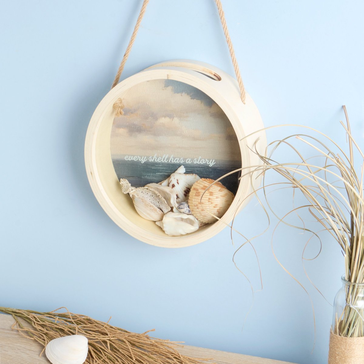 Coastal Round Wood & Glass Seashell Holder - "Every Shell Has A Story" Keepsake Display
