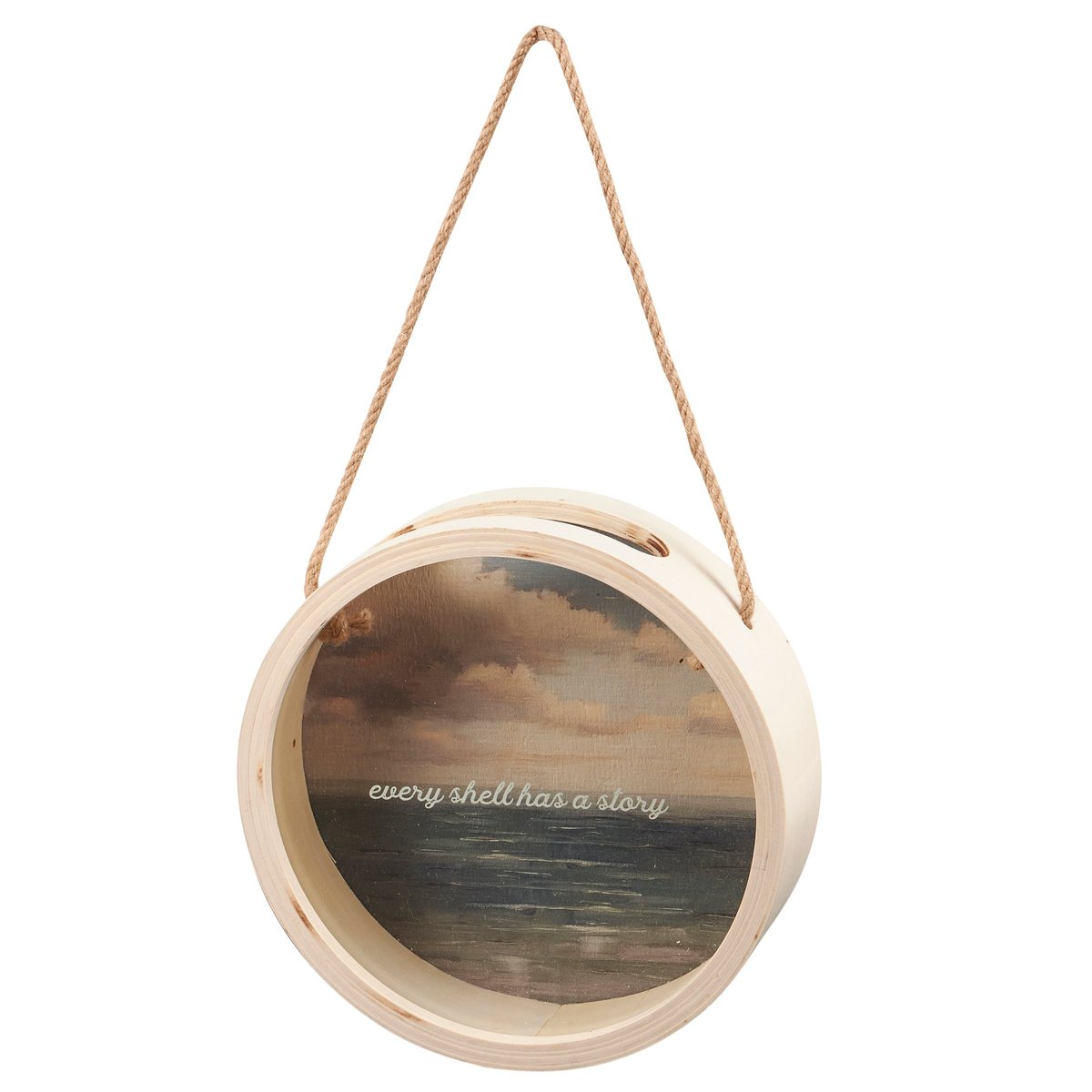 Coastal Round Wood & Glass Seashell Holder - "Every Shell Has A Story" Keepsake Display