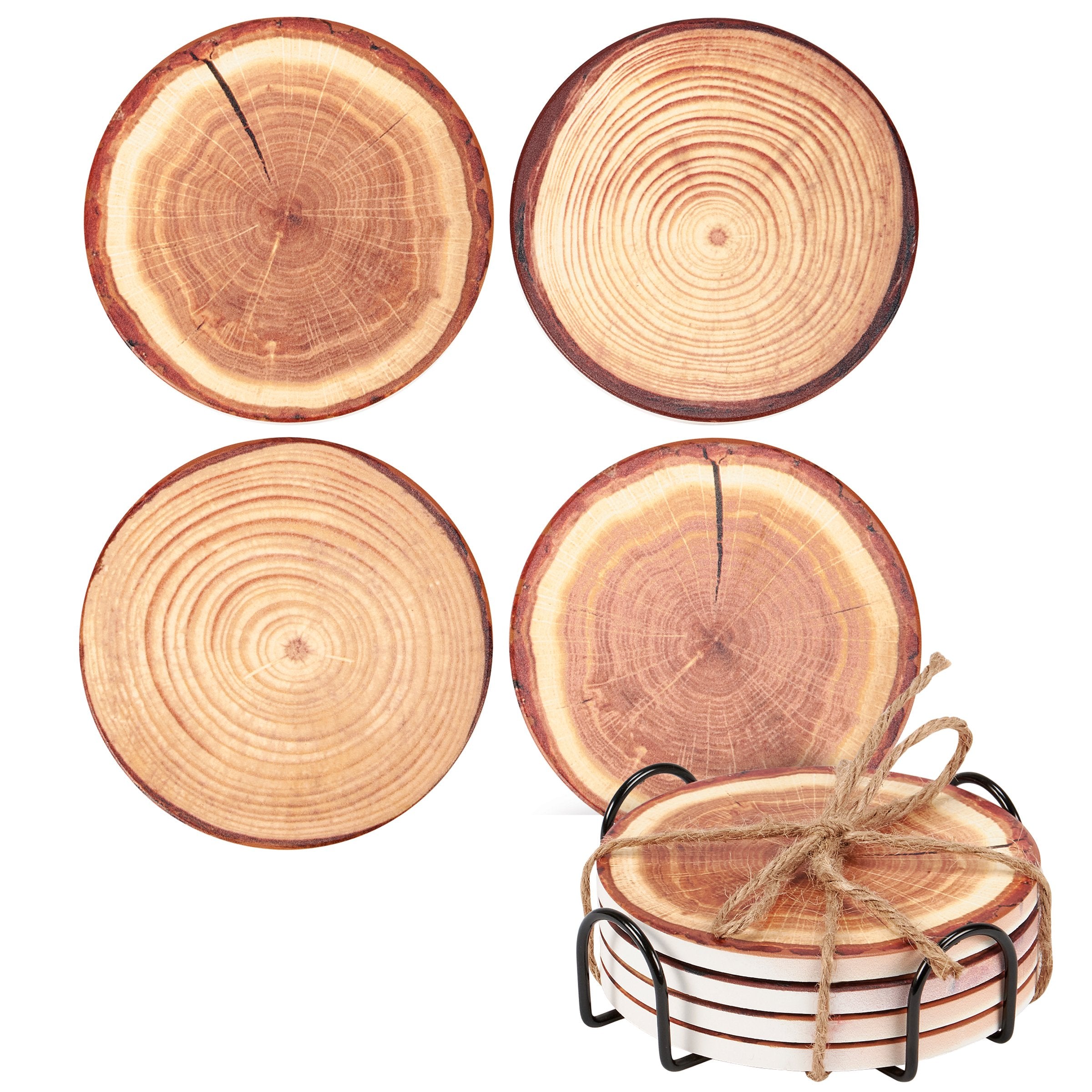 Rustic Stoneware Tree Slice Coaster Set with Cork Bases and Wire Holder