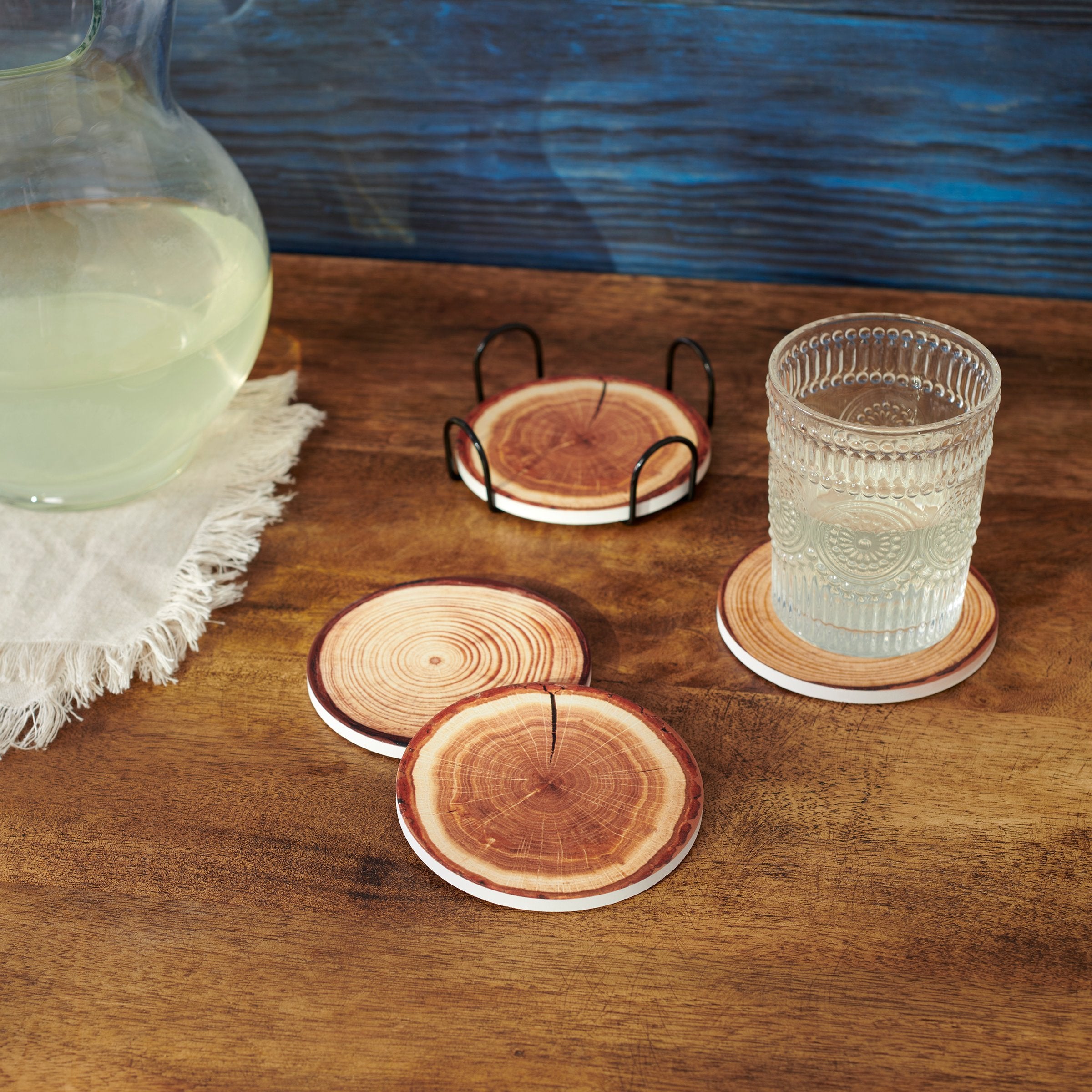 Rustic Stoneware Tree Slice Coaster Set with Cork Bases and Wire Holder
