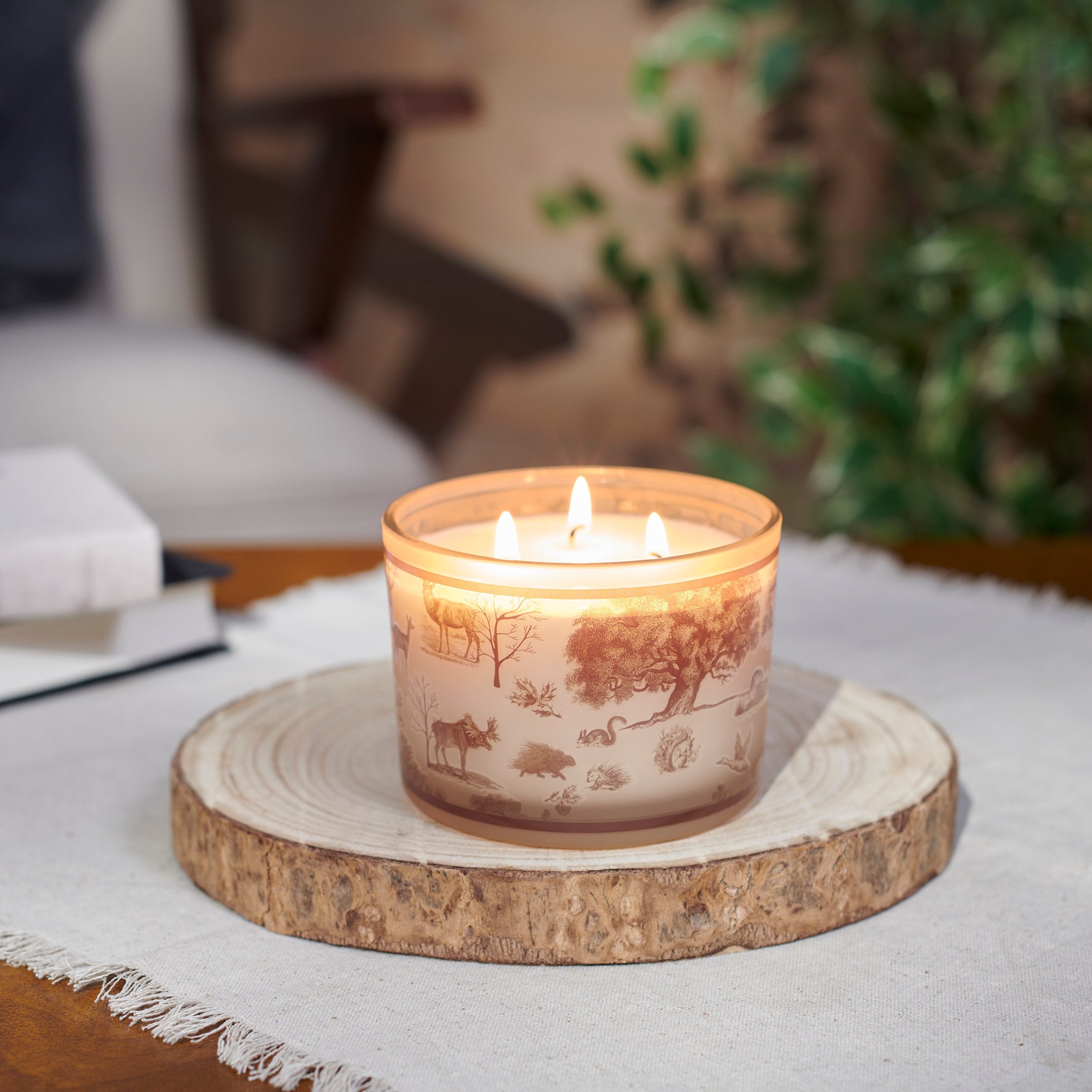 Cabin Toile Pine Scented Soy Wax Candle - Woodland Animals Frosted Glass