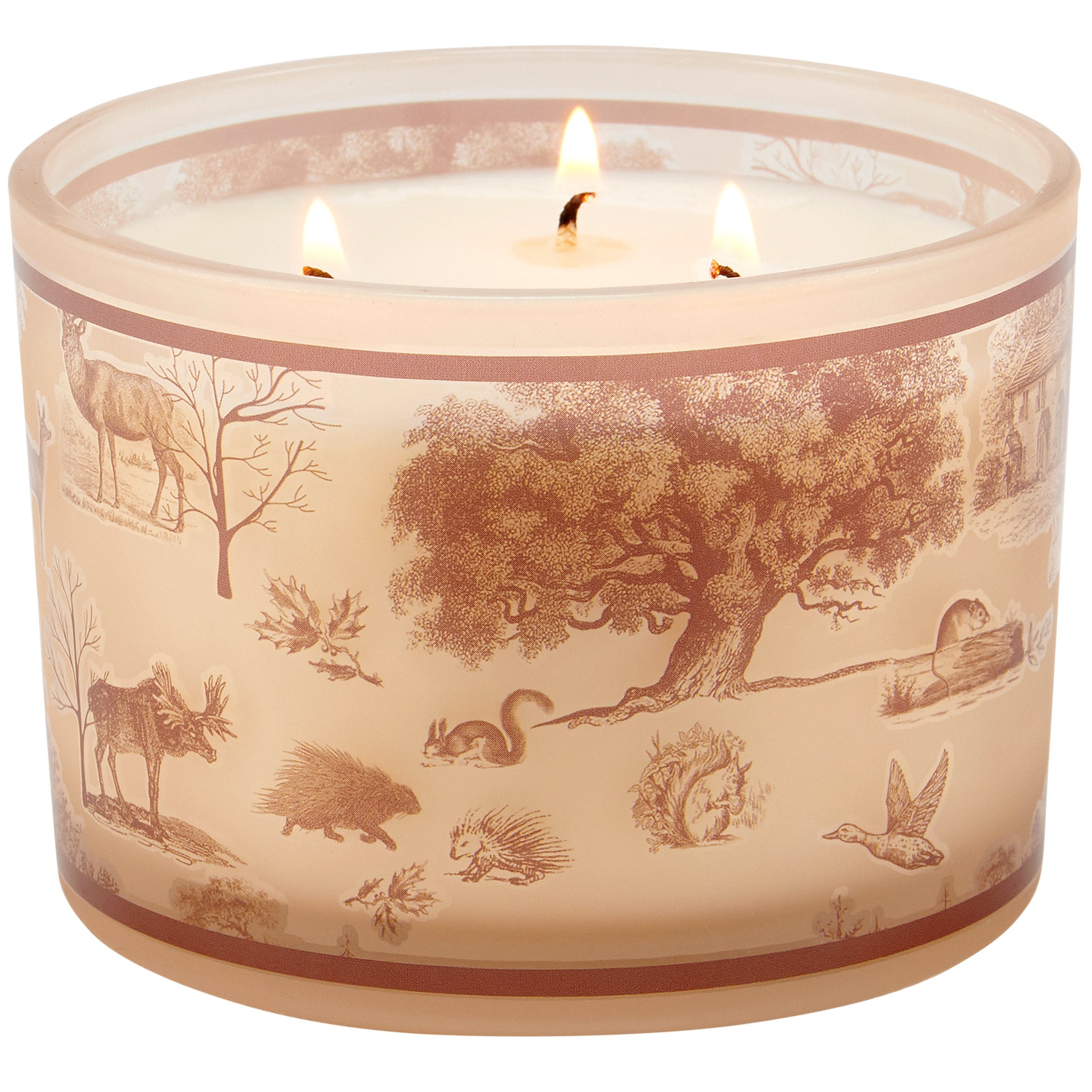 Cabin Toile Pine Scented Soy Wax Candle - Woodland Animals Frosted Glass