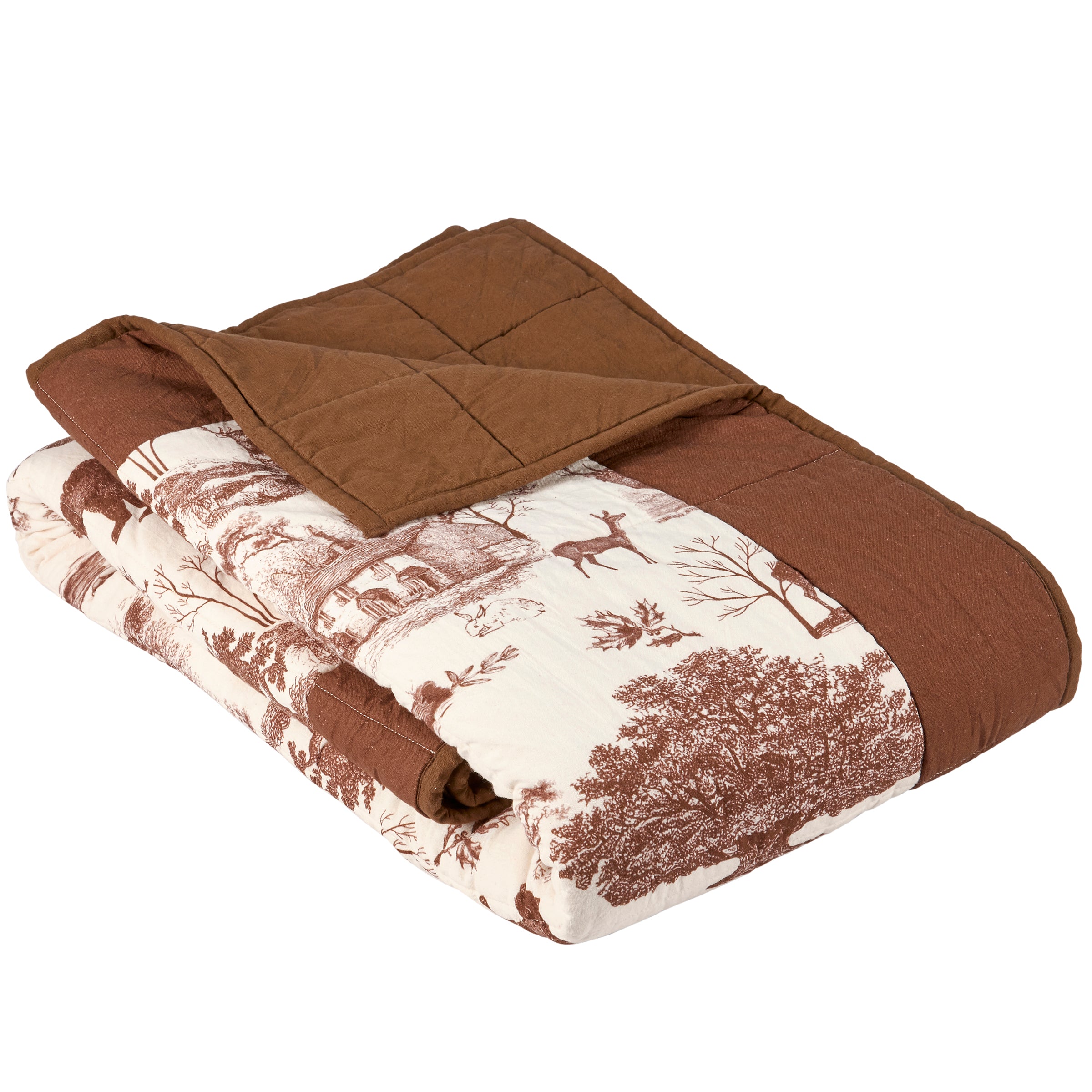 Cozy Woodland Cabin Toile Cotton Throw Blanket - Reversible Quilted Rustic Home Decor