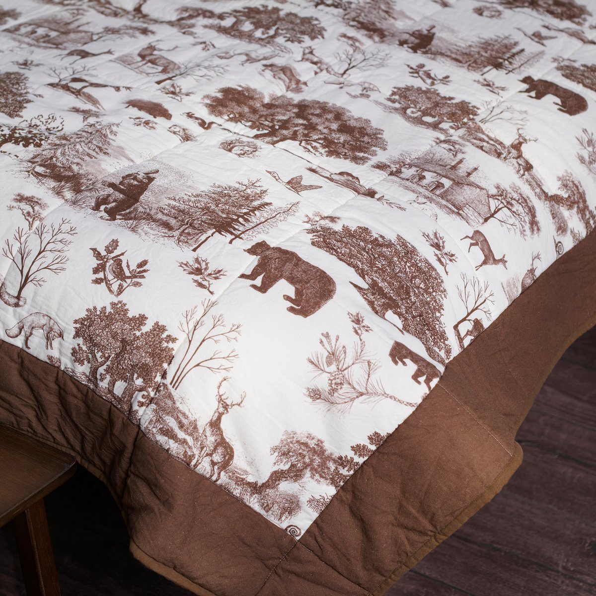 Cozy Woodland Cabin Toile Cotton Throw Blanket - Reversible Quilted Rustic Home Decor