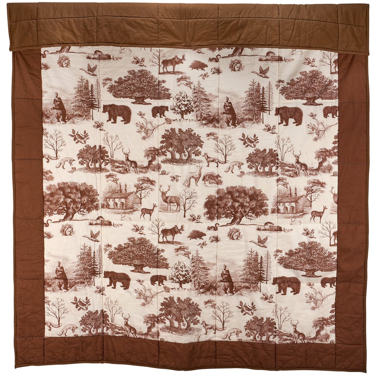 Cozy Woodland Cabin Toile Cotton Throw Blanket - Reversible Quilted Rustic Home Decor