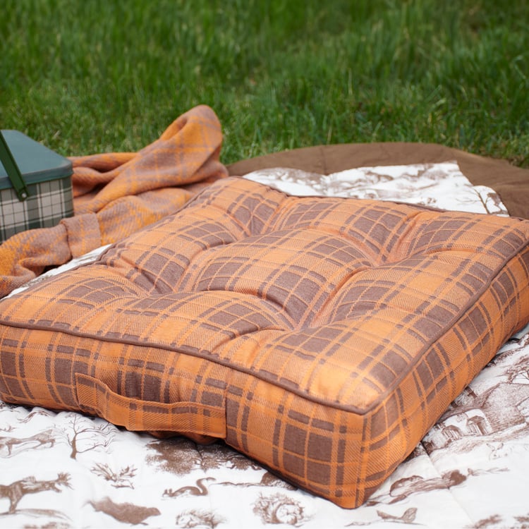 Rustic Orange Tartan Floor Pillow Cushion, Durable Cotton, Portable, 18x18-inch